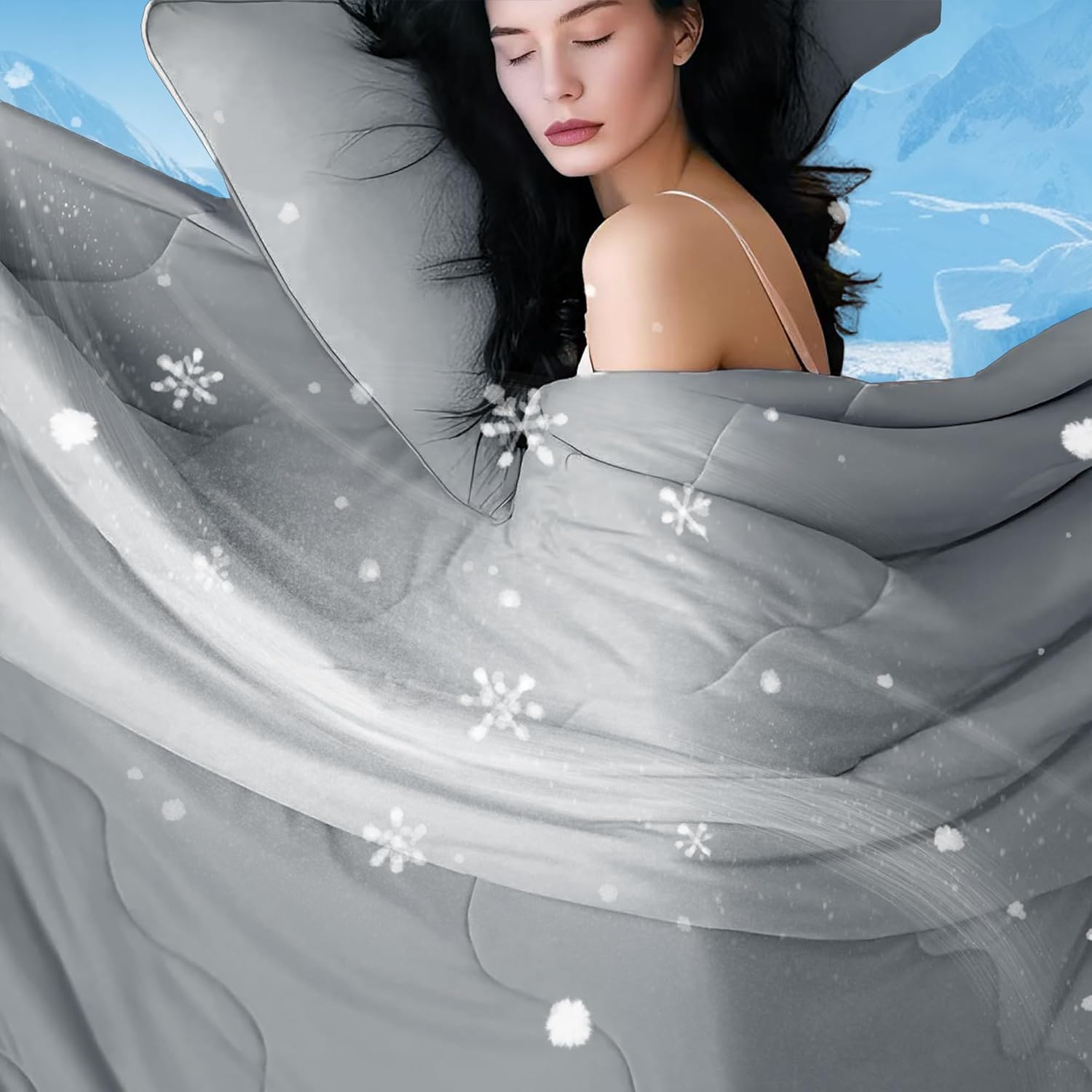 DOWNCOOL Cooling Comforter Queen Size, Grey Cooling Blanket for Hot Sleeper, Lightweight & Breathable Blanket for Night Sweats,Dual-Side Cooling Summer Bedding,90"X90"