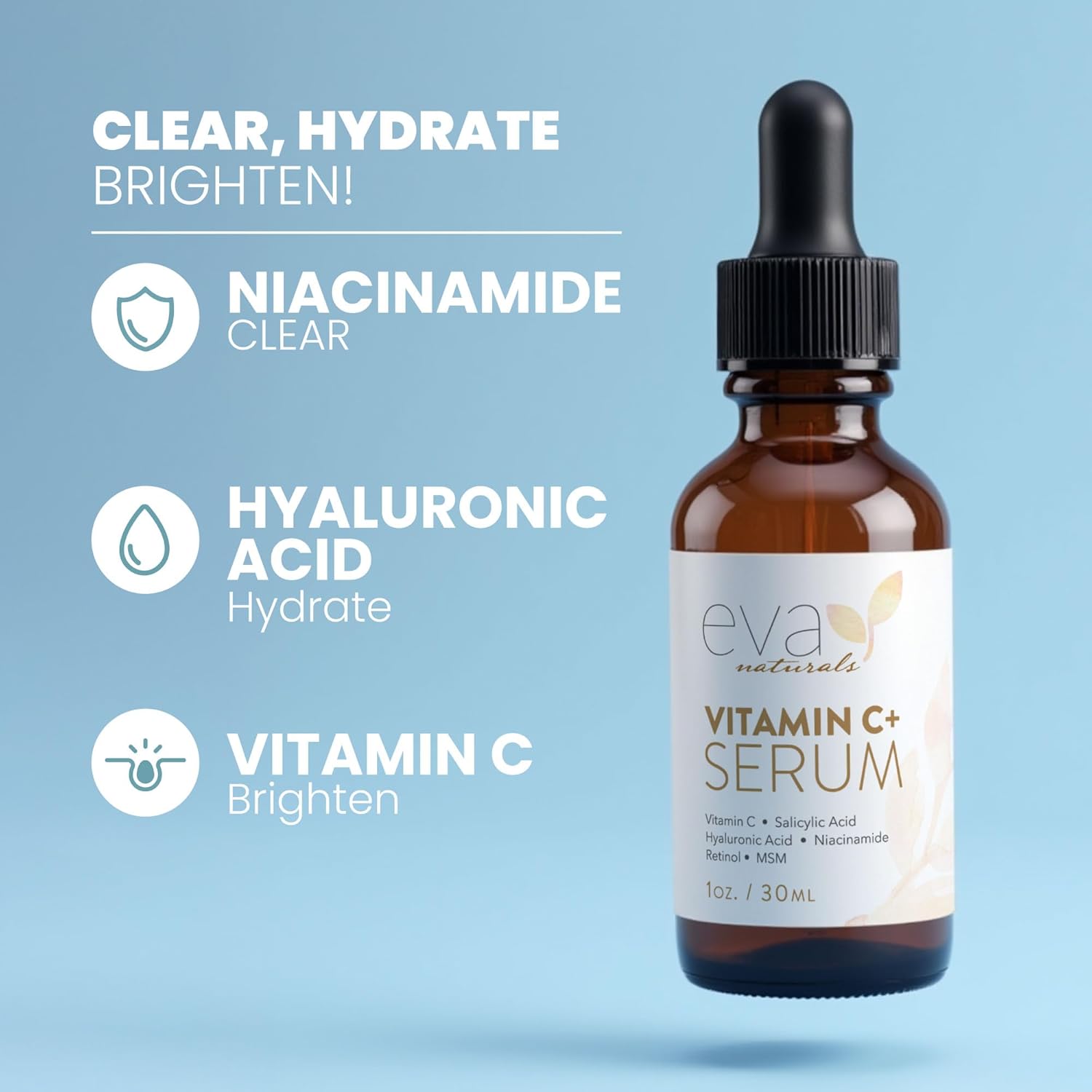Eva Naturals Vitamin C Serum for Face – Anti Aging Dark Spot Remover & Corrector with Retinol, Hyaluronic Acid, Niacinamide & Salicylic Acid – Brightening, 1 fl oz - Image 2