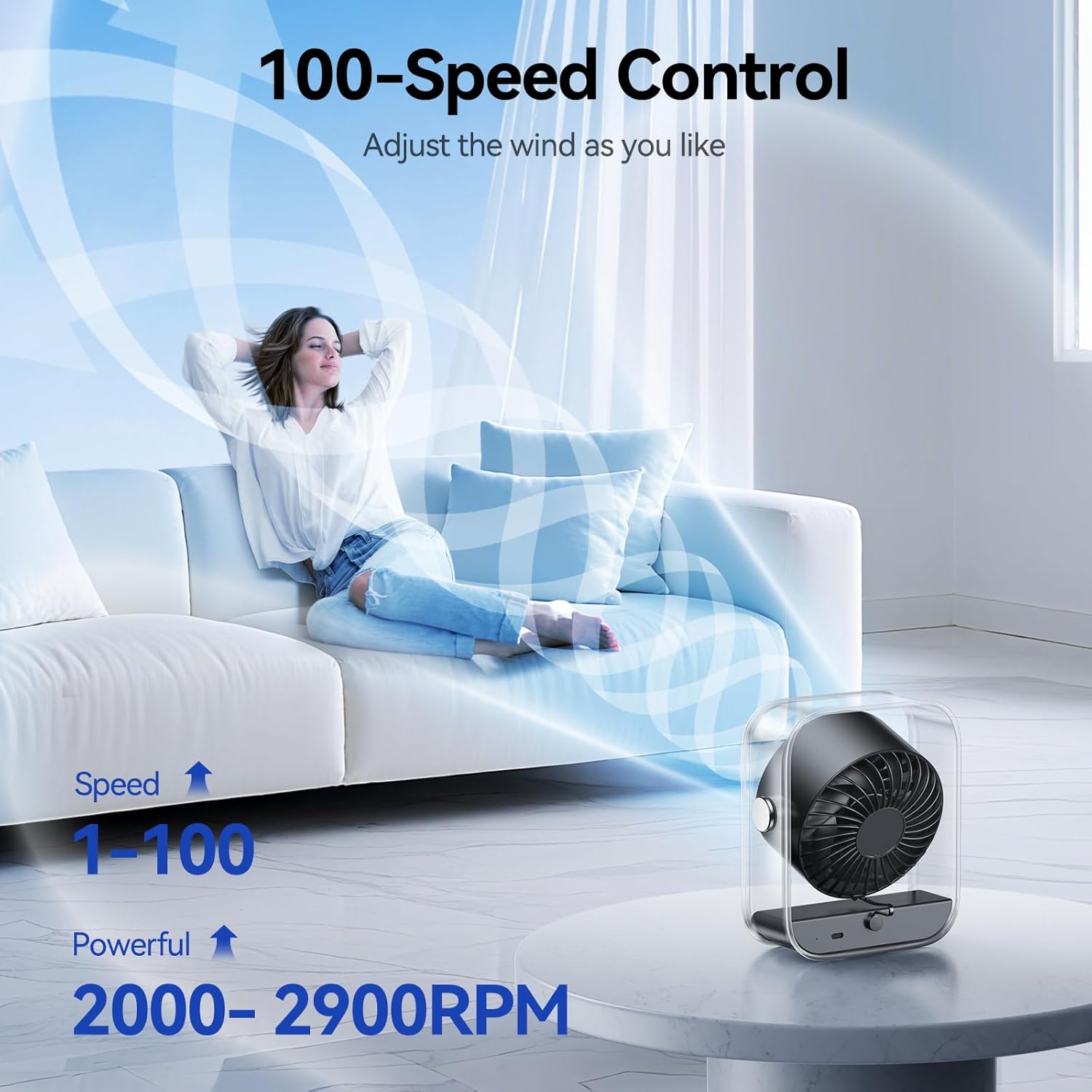 KIMMOO Rechargeable USB Desk Fan, Quiet Table Fan with Turbo Airflow, 100 Speeds, Digital Display, 90° Rotating, Small Battery Desktop Fans for Bedroom Home Office Travel, Black - Image 3
