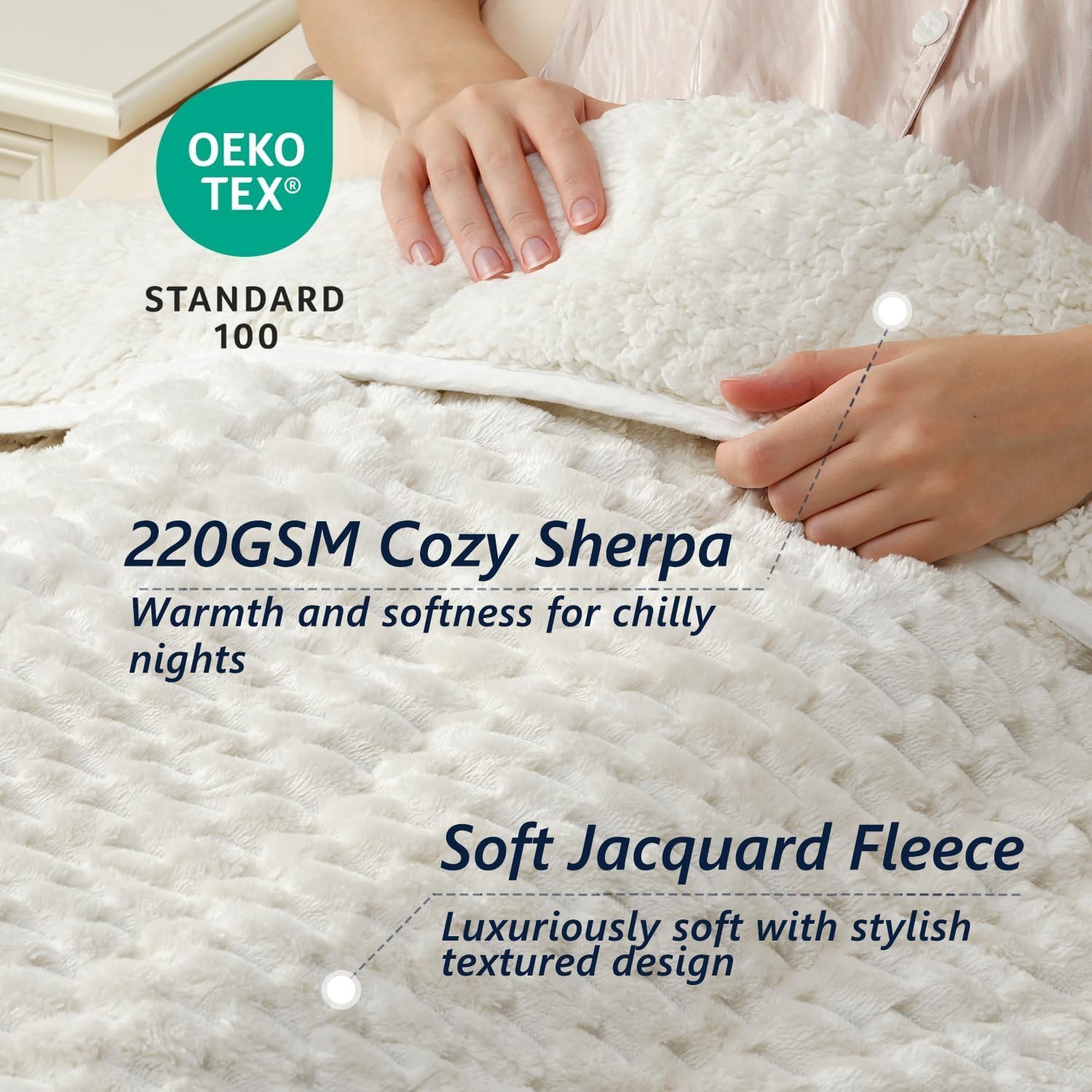 Mr. Sandman Weighted Blankets for Adults Queen Size 15lbs, Warm Sherpa Fleece Throw Blanket for Sleep and Calm, Soft Cozy Heavy Bed Blanket with Jacquard Flannel, 60 x 80 Inches, Cream White - Image 2