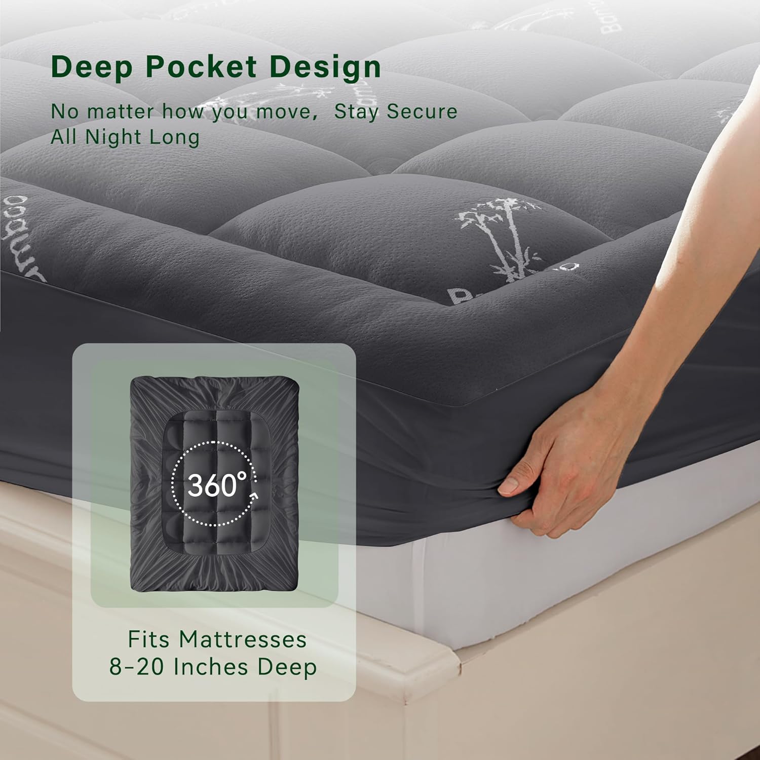 Anluoer Memory Foam Mattress Topper King for Back Pain, Rayon Derived from Bamboo Pillow Top Mattress Topper for Hot Sleepers,Cooling Mattress Pad with 8-21" Deep Pocket, 78x80 Inches, Dark Grey - Image 6