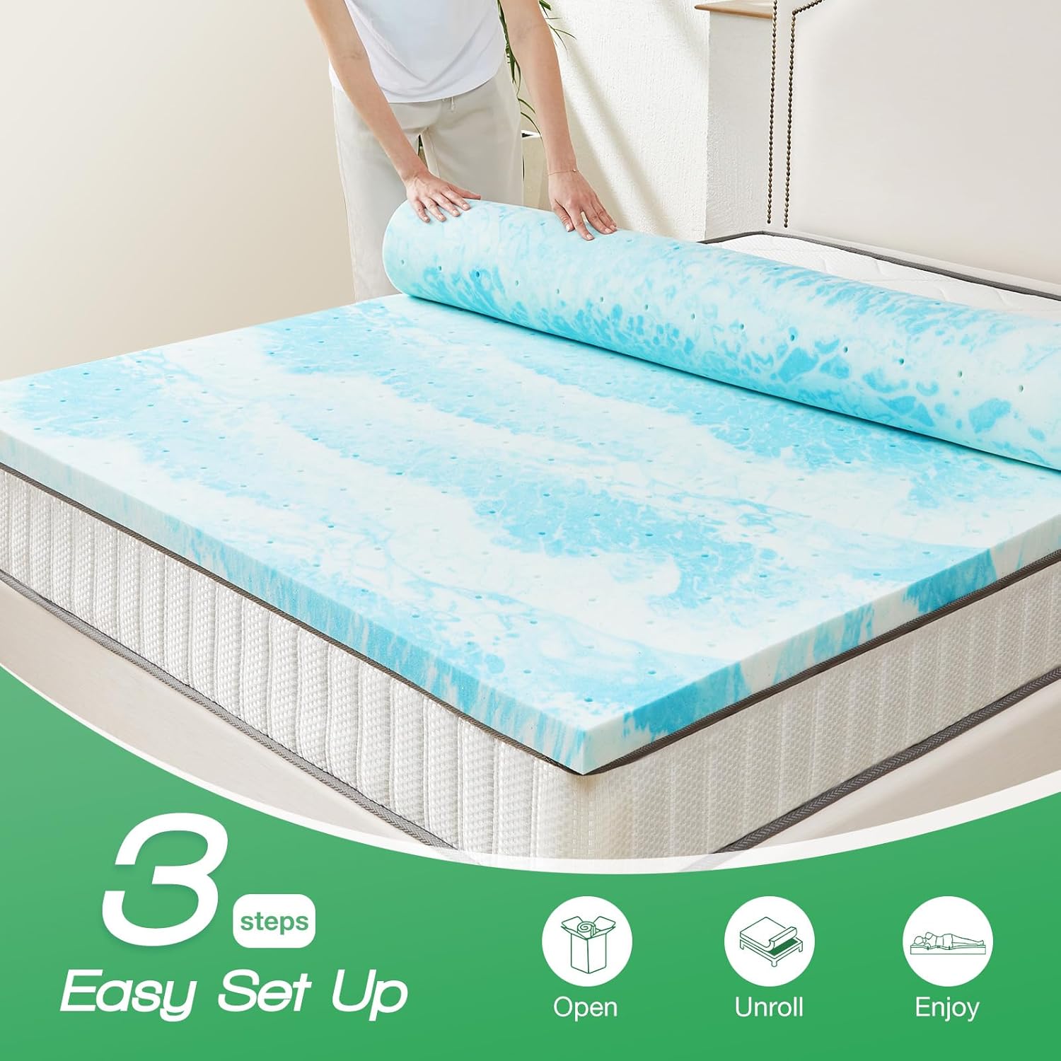 Sweetcrispy Mattress Topper Queen, 2 Inch Thick Memory Foam Gel Infused Cooling Toppers Pad for Queen Size Bed, Sleeper Sofa, RV, Camper, CertiPUR US Certified, Ventilated and Breathable, Blue - Image 3
