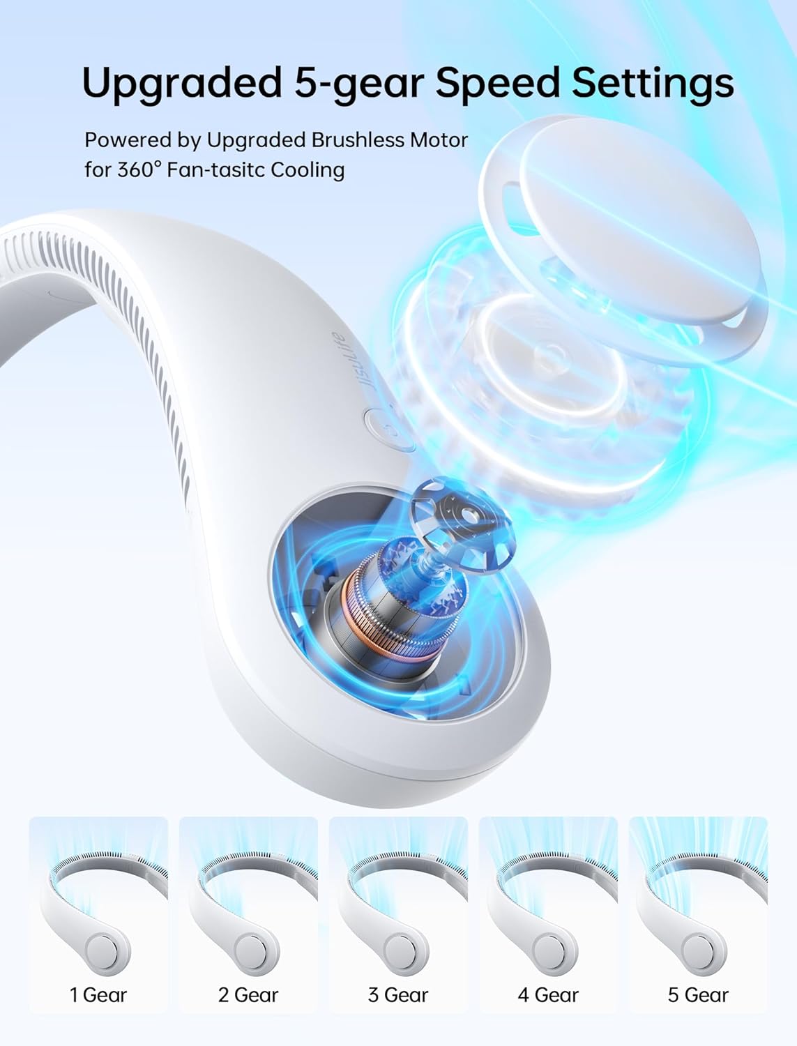 JISULIFE Portable Neck Fan, Hands-Free Bladeless, 5 Speeds, 4000 mAh Battery Operated Wearable Personal Fan, Twistable, Rechargeable, Gift for Women Men-Grey - Image 3