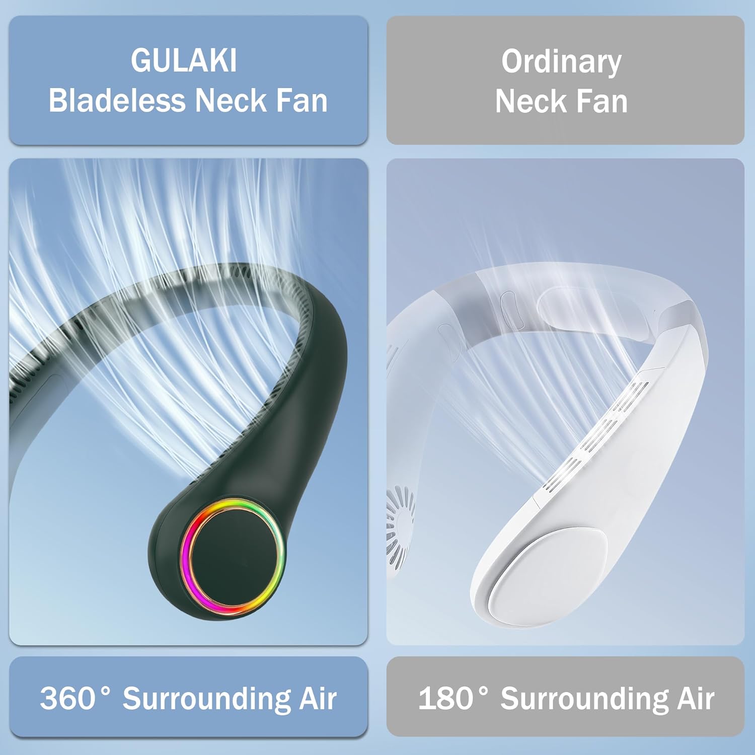 GULAKI Bladeless Portable Neck Fan - Rechargeable Hands Free USB Personal Fan Battery Operated with LED lights for Home Office Travel Indoor Outdoor (Dark Green) - Image 6