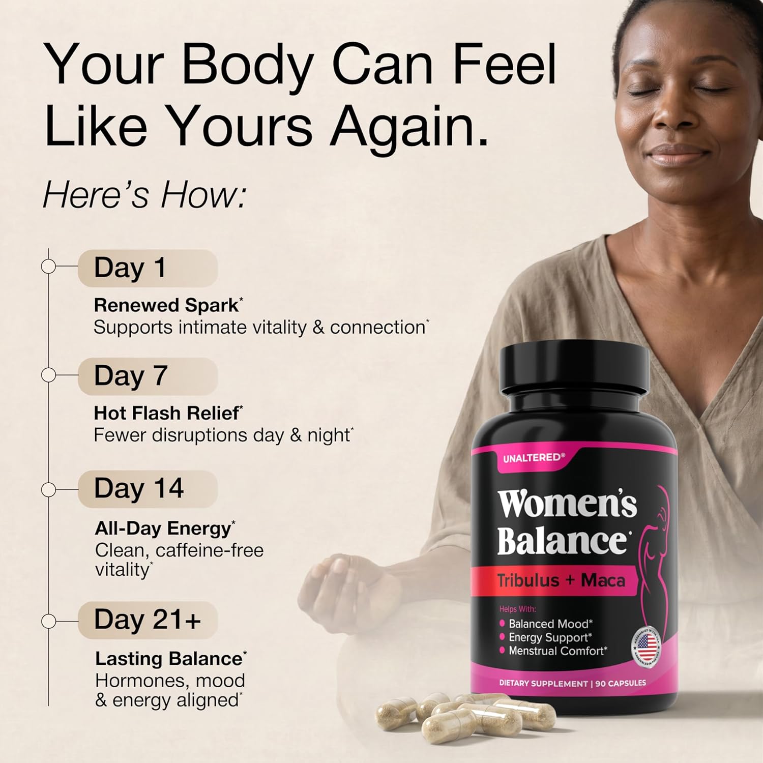 UNALTERED Hormone Balance & Mood Support for Women - Naturally Supports Hormonal Balance & Energy with Tribulus Terrestris & Red Maca Root Extract - Dietary Supplement - 90 Vegan Capsules - Image 5