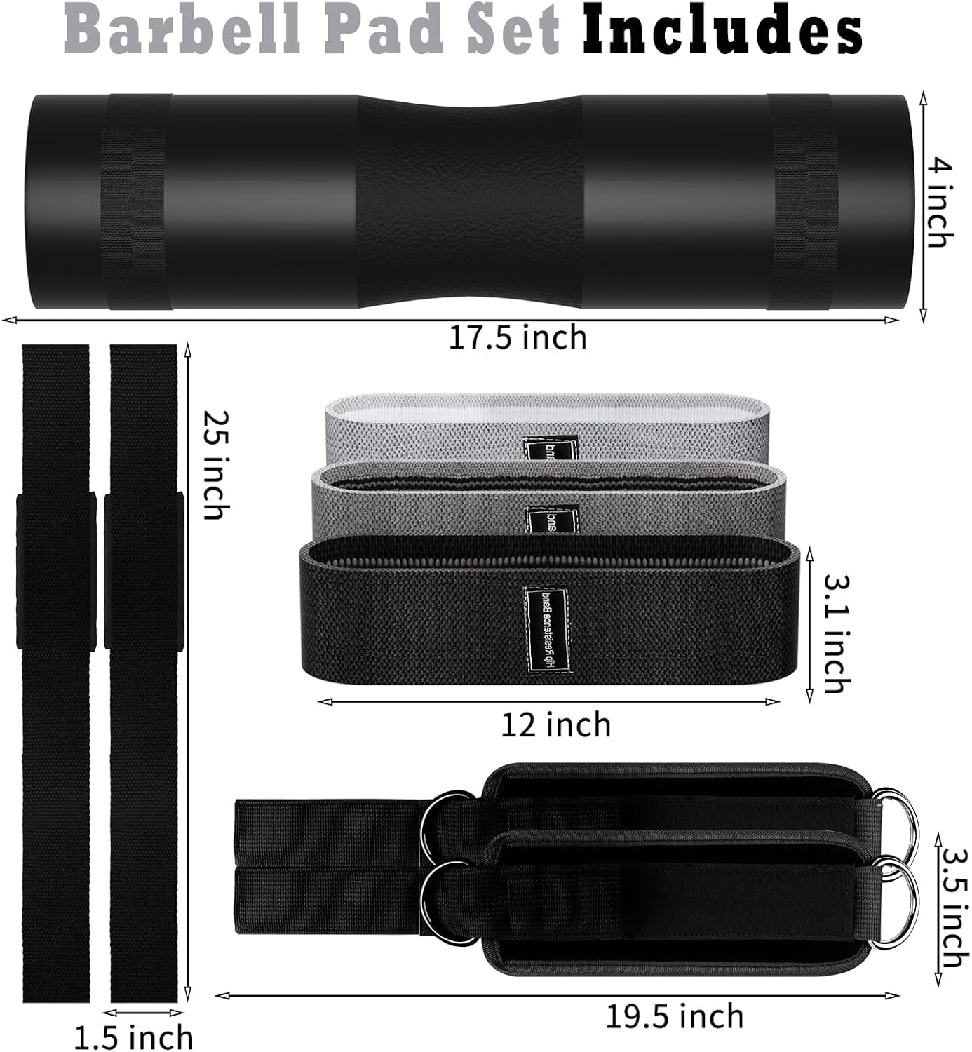 SINYWAY Barbell Pad Set for Squat,10 PCS Hip Thrusts Workout Foam Weight Lifting Bar Cushion with 2 Gym Ankle Straps,3 Hip Resistance Bands,2 Lifting Strap,Barbell Pad and Carry Bag - Image 3