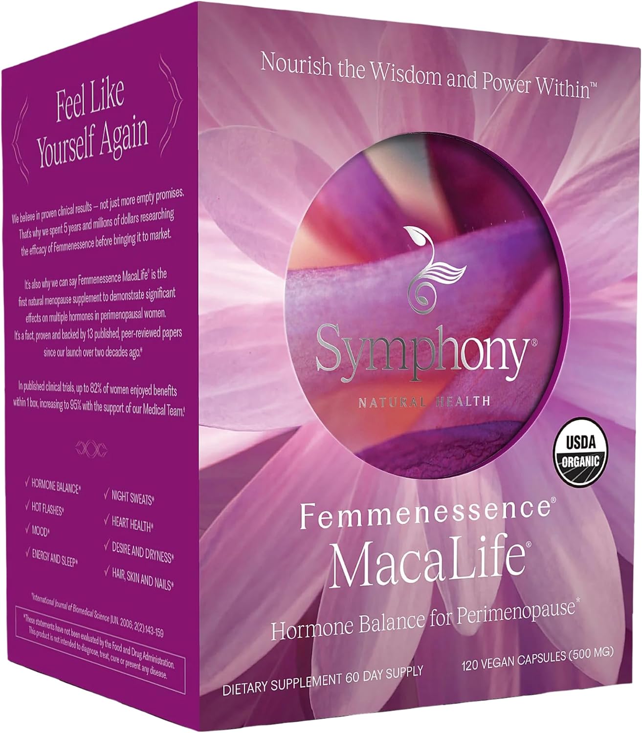 Femmenessence® MacaLife® – Clinically Proven Perimenopausal Organic Vegan Supplement for Natural Hormone Balance, Symptom Relief, Heart & Mood Support (120 Capsules, 60 Day Supply)