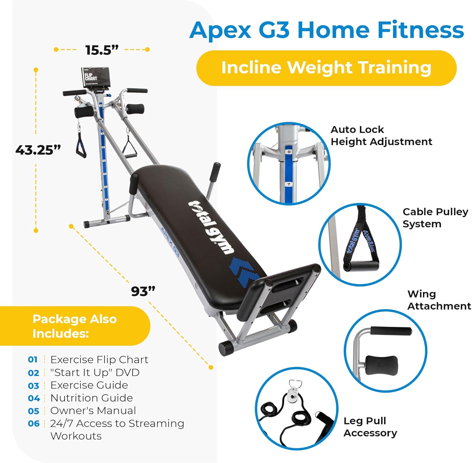 Total Gym Apex G3, Slim-Frame Incline Bodyweight Training Home Exercise Machine w/ 8 Levels of Resistance, Squat Stand, & Basic Accessory Set - Image 3