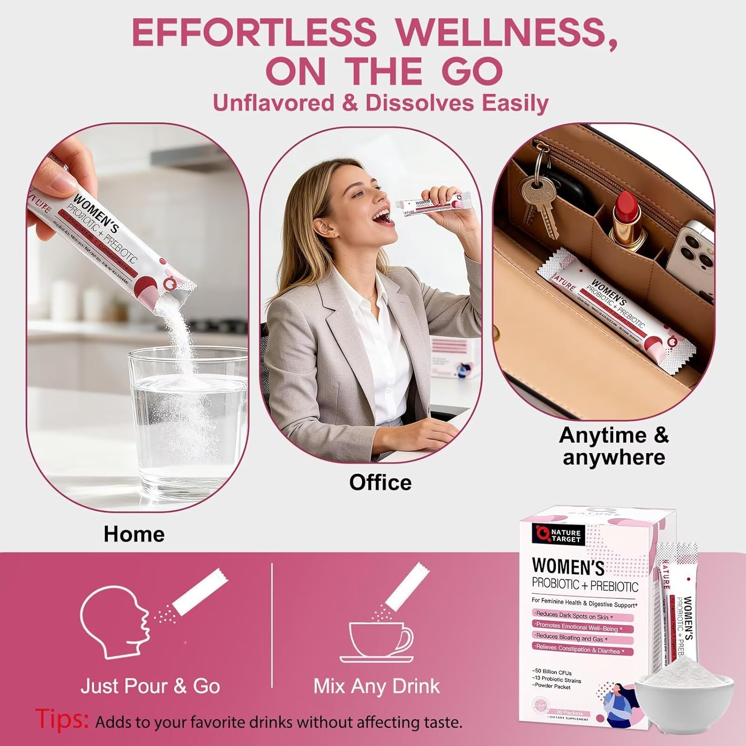 NATURE TARGET Probiotics for Women Probiotic Powder - 50 Billion CFUs, 13 Strains Supports for Digestive Vaginal Health, Bloating Relief, 30 Stick Packs - Image 5