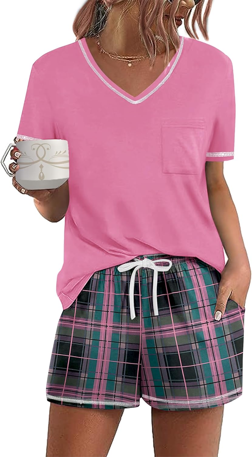Ekouaer Women's Pajamas Sets Short Sleeve Lounge Sets Sleepwear Casual Two Piece Pjs With Pockets