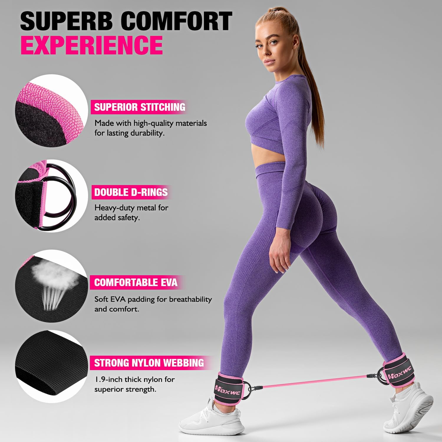 HOXWC Ankle Resistance Bands with Cuffs, Ankle Bands for Working Out, Ankle Resistance Band for Leg, Booty Workout Equipment for Kickbacks Hip Fitness Training, Exercise Bands for Butt Lift Women - Image 4
