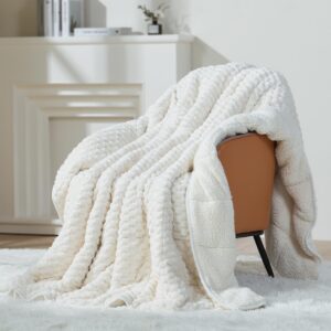 Mr. Sandman Weighted Blankets for Adults Queen Size 15lbs, Warm Sherpa Fleece Throw Blanket for Sleep and Calm, Soft Cozy Heavy Bed Blanket with Jacquard Flannel, 60 x 80 Inches, Cream White