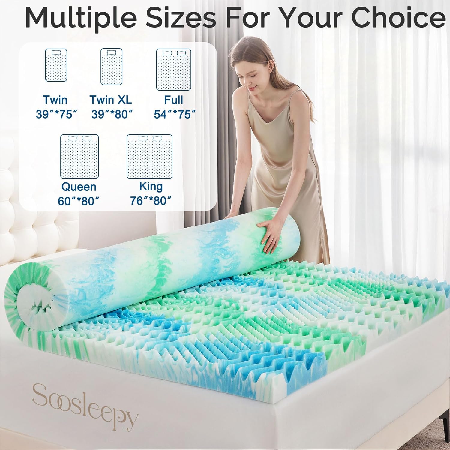 SOOSLEEPY 3 Inch 7-Zone Full Memory Foam Mattress Topper Egg Crate Cooling Gel Infused Mattress Pad Bed Topper for Pressure Relief and Back Pain Soft & Breathable, CertiPUR-US Certified - Image 6