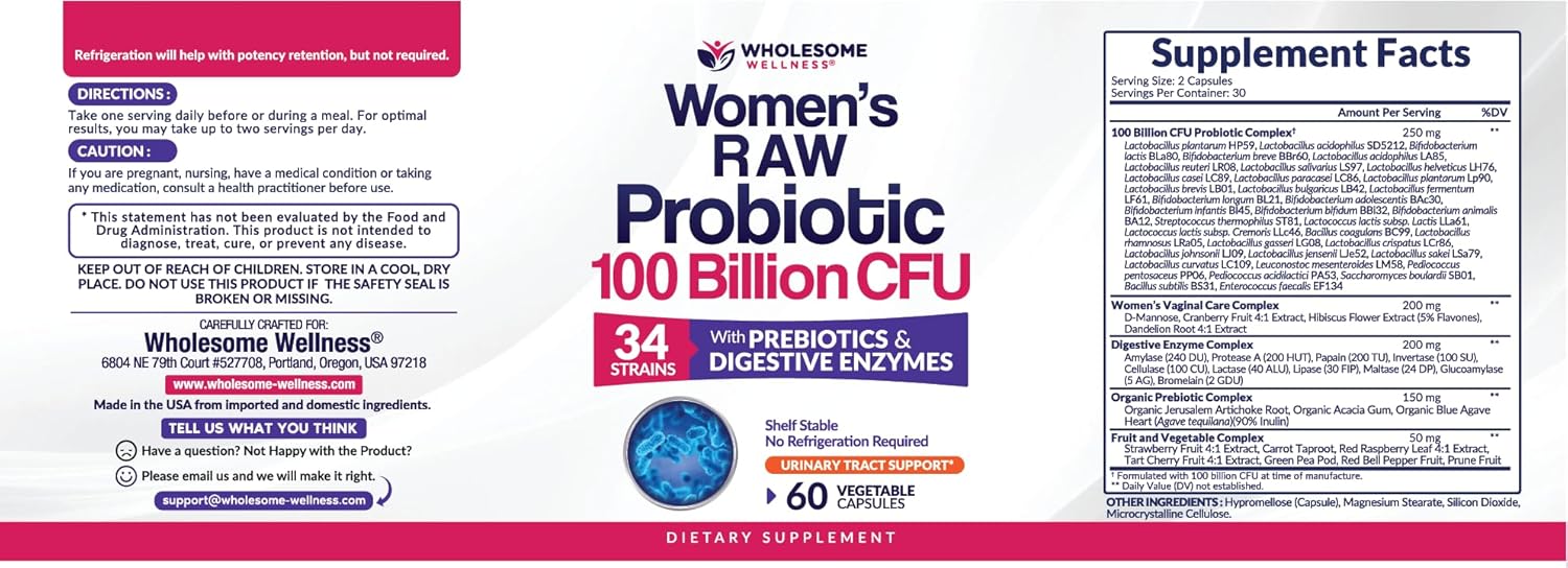 Wholesome Wellness Dr. Formulated Raw Probiotics for Women 100 Billion CFUs Capsules with Prebiotics, Digestive Enzymes, Approved for Adults, Shelf Stable Supplement - Image 2