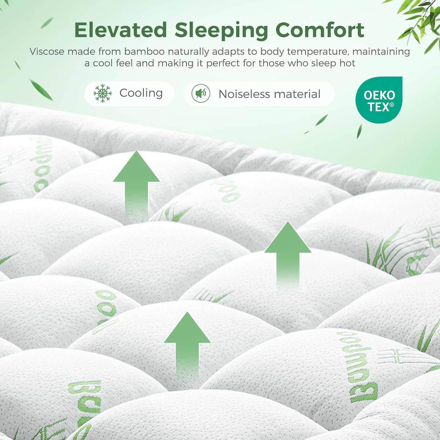 HYLEORY Mattress Topper - Thick Bamboo-Viscose Naturally Cooling Pillow Top Mattress Pad Breathable Fluffy Soft Mattress pad for Back Pain Relief, King Size, Green - Image 3