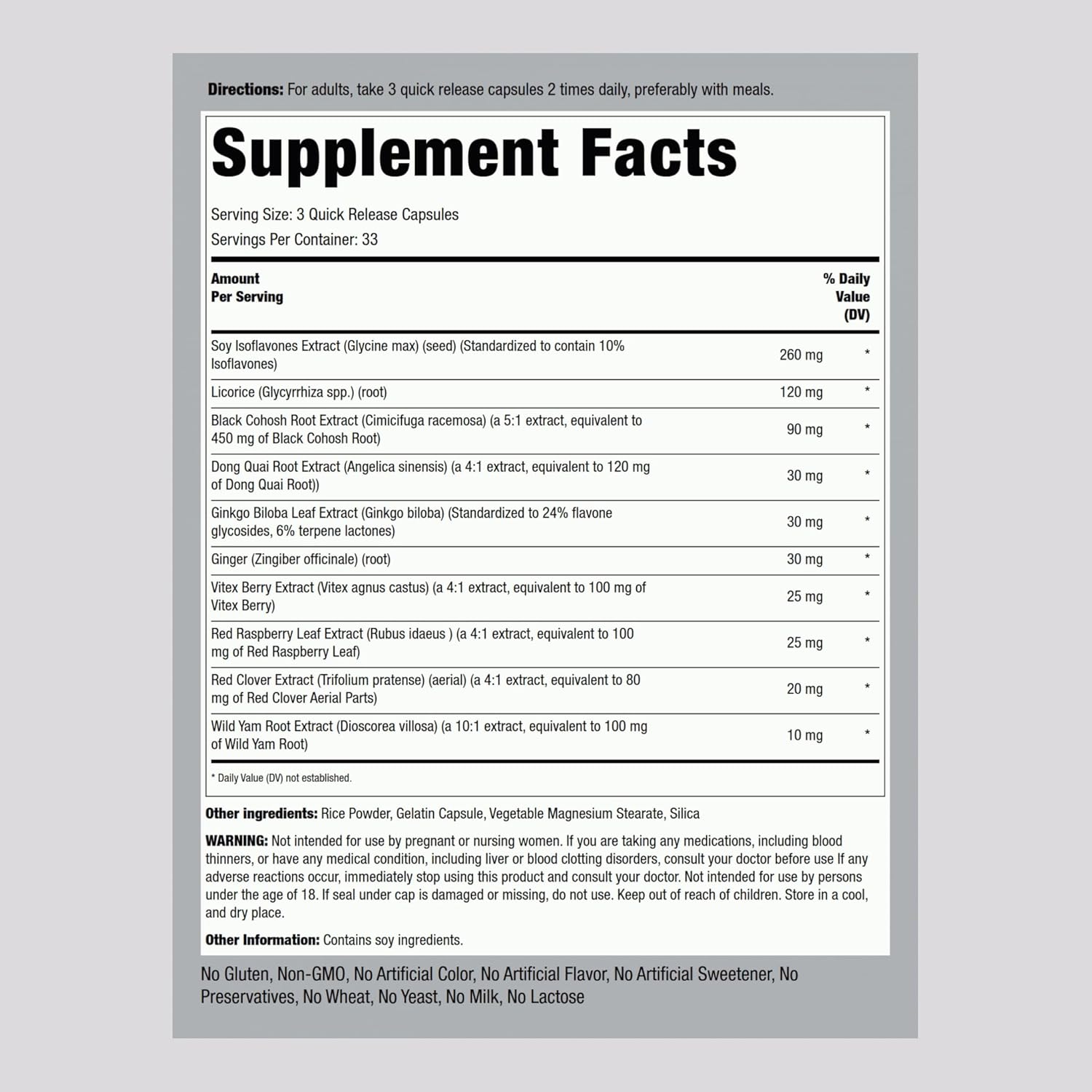 Piping Rock Menopause Ease Supplement | 100 Capsules | Advanced Support for Women | with Black Cohosh and Wild Yam | Non-GMO, Gluten Free - Image 2