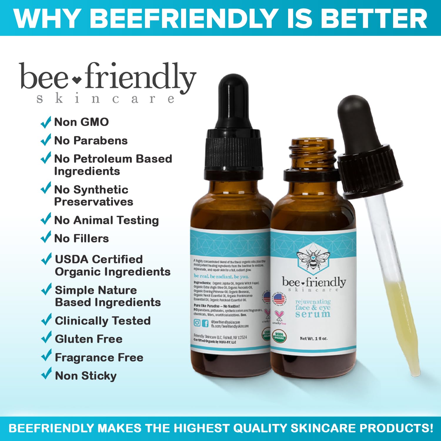 Organic Face & Eye Serum By BeeFriendly, Deep Hydration, Nourishes, Tightens, and Firms Facial Skin, and Lifts Facial Skin USDA Certified & All Natural Serum for Face, Women or Men, 1 oz - Image 4