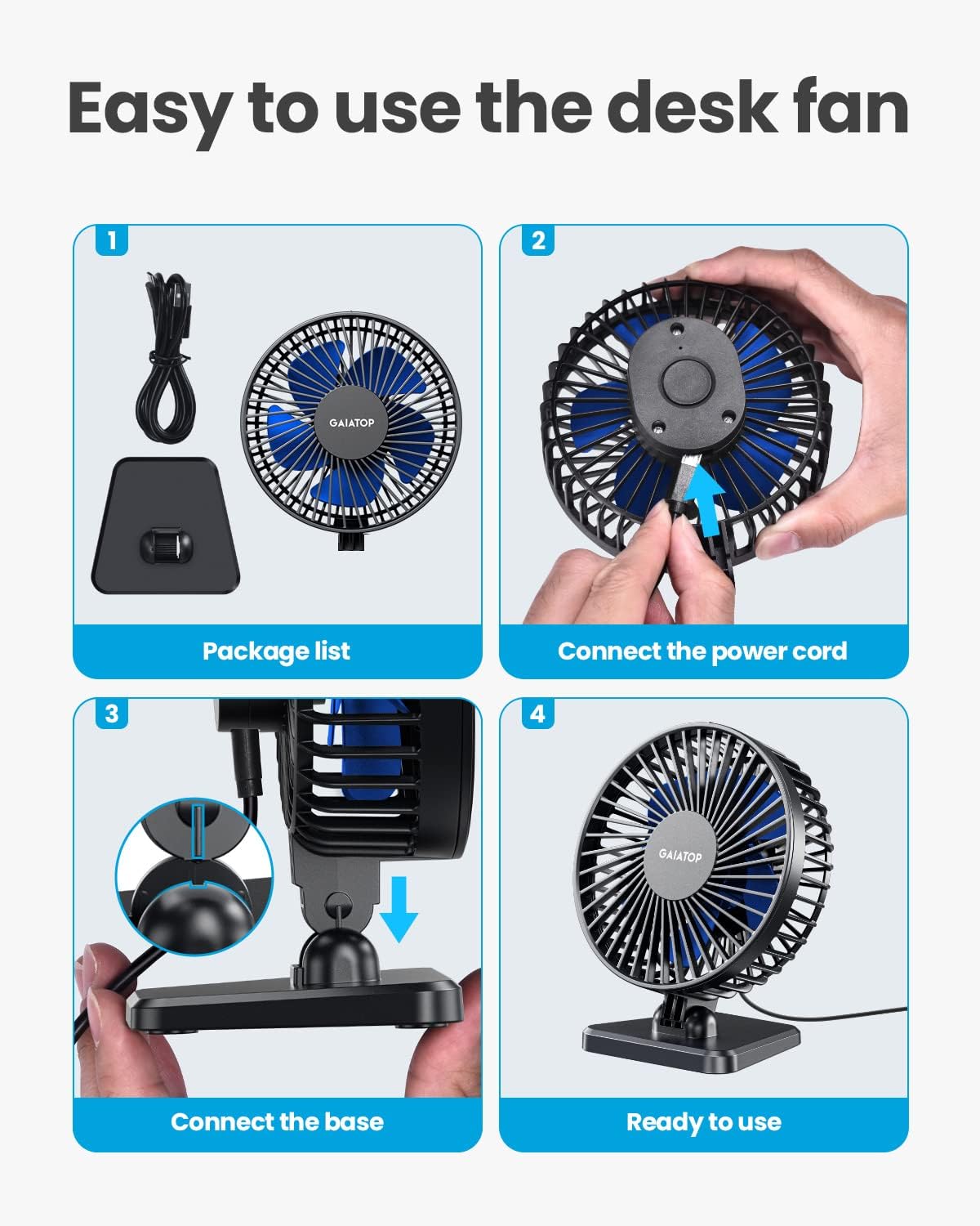 Gaiatop USB Desk Fan, Small But Powerful, Personal Portable Quiet 3 Speeds, Adjustable Mini Table Desktop fan for Cooling Home Office Car Summer Travel Gifts Blue - Image 8