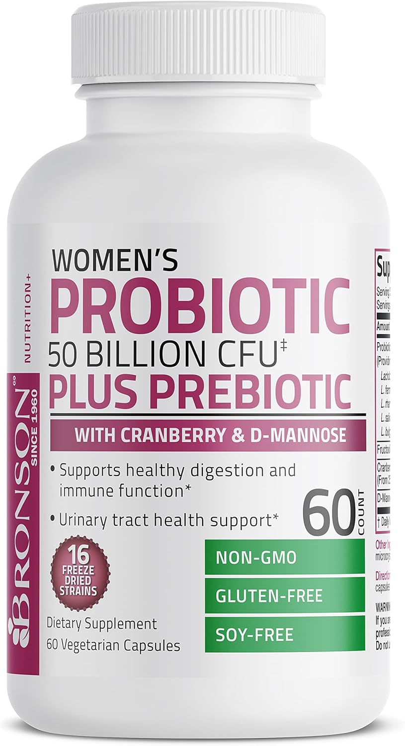 Bronson Women's Probiotic 50 Billion CFU + Prebiotic with Cranberry & D-Mannose – Vaginal Health, Healthy Digestion, Immune Function and Urinary Tract Support, Non-GMO, 60 Vegetarian Capsules - Image 6