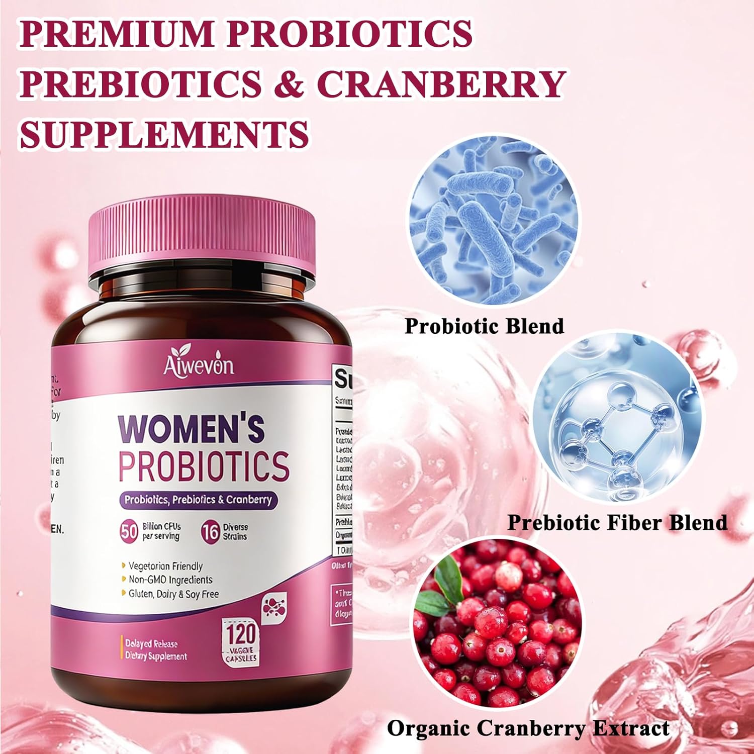 Women Probiotics 50 Billion CFU: Probiotics for Women with Prebiotics & Cranberry, 16 Strain Probiotic Supplement for Digestive Gut Health, Vaginal & Urinary Tract Support Vegan Probiotic 120 Capsules - Image 3