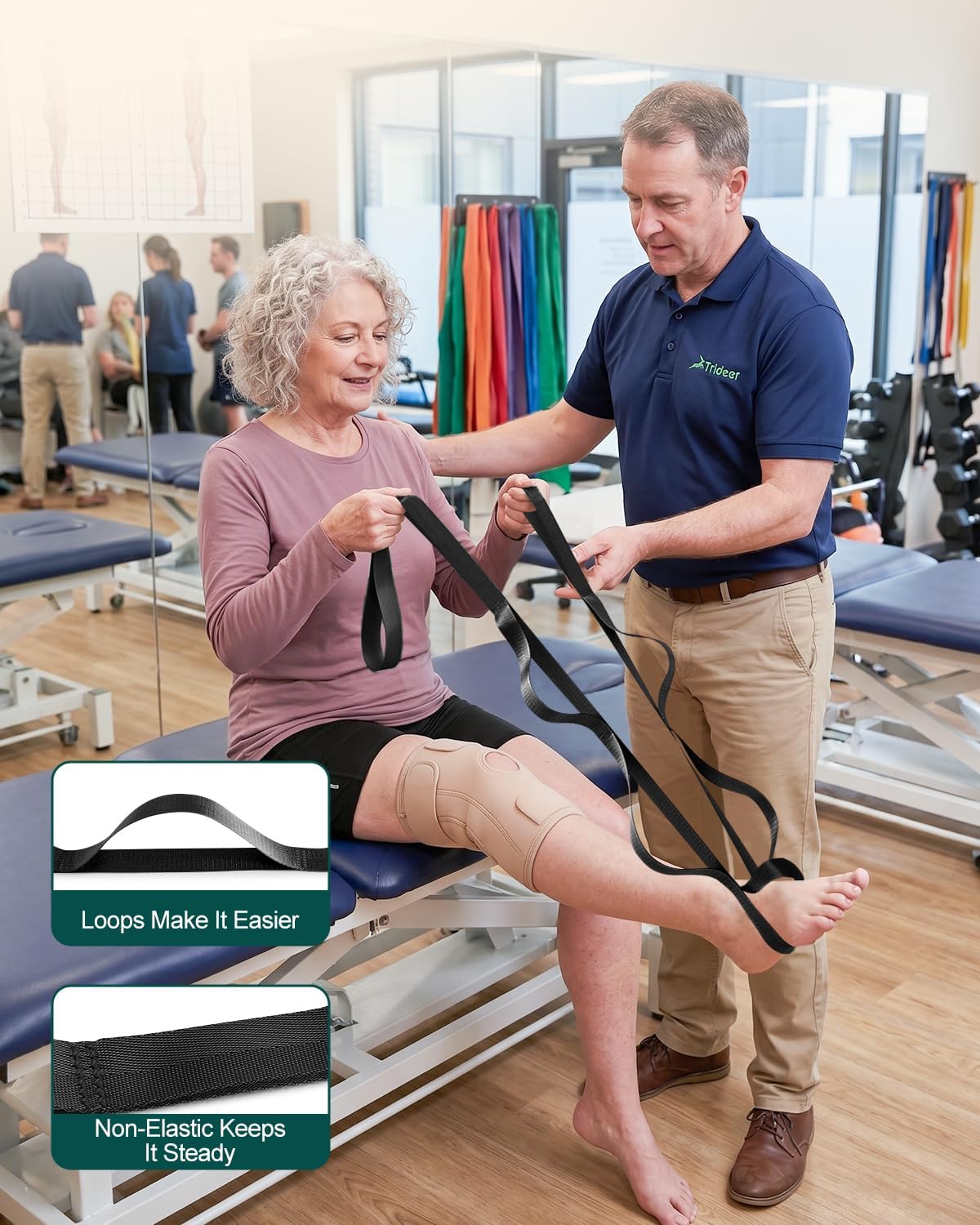 Trideer Non-Elastic Stretching Strap with Loops for Physical Therapy & Rehab, Knee Hip Leg ROM Post-Surgery, Yoga Strap for Stretching, Leg Lifter Strap Mobility Aid, Hamstring Calf Back - Image 5