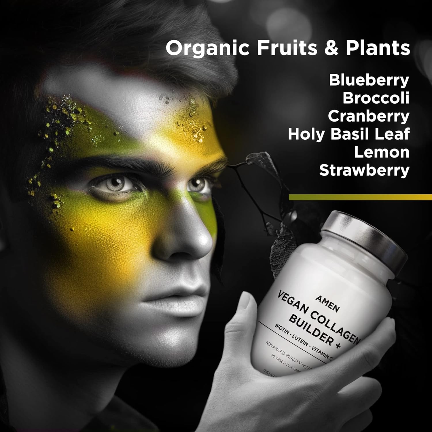 Amen Plant-Based Vegan Collagen Builder Supplement - Organic Whole Foods, Lutein, Vitamin C, Biotin, Lysine, Proline Collagen Boosters - Organic Cranberry, Lemon, Strawberry - Once A Day - 30 Capsules - Image 4