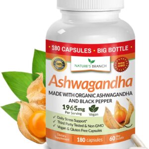 UDAF Certified Organic Ashwagandha with Black Pepper, 1965mg - Extra Strength for Stress, Sleep, Mood, Thyroid, Energy, Hair, Vegan Pure Root Extract Powder Supplement for Men and Women | 180 Capsules