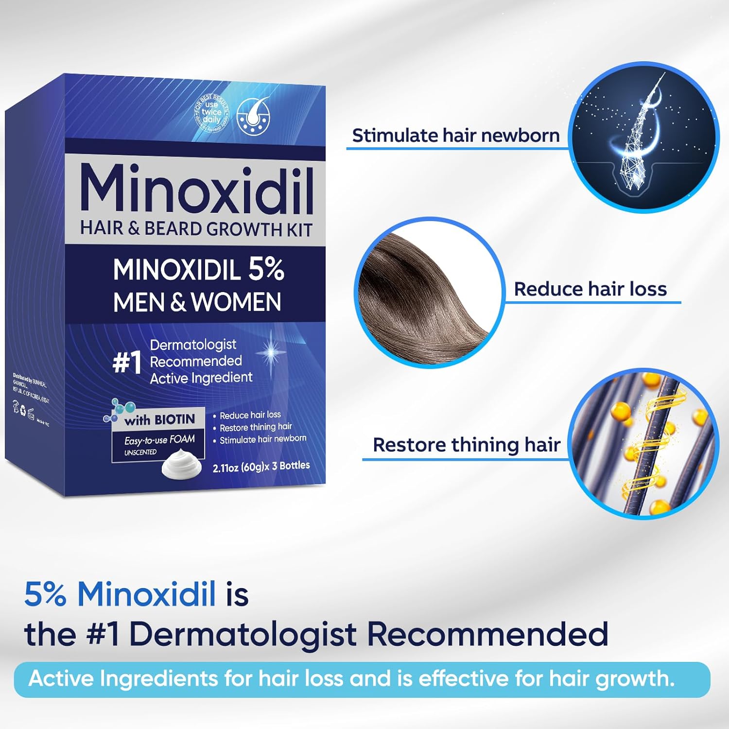 5% Minoxidil Foam for Men, Minoxidil for Men Foam, Minoxidil for Women Hair Growth with Biotin & Castor Oilfor Thicker, Fuller Hair, Fast-Absorbing Formula 180ML-3 Packs - Image 3