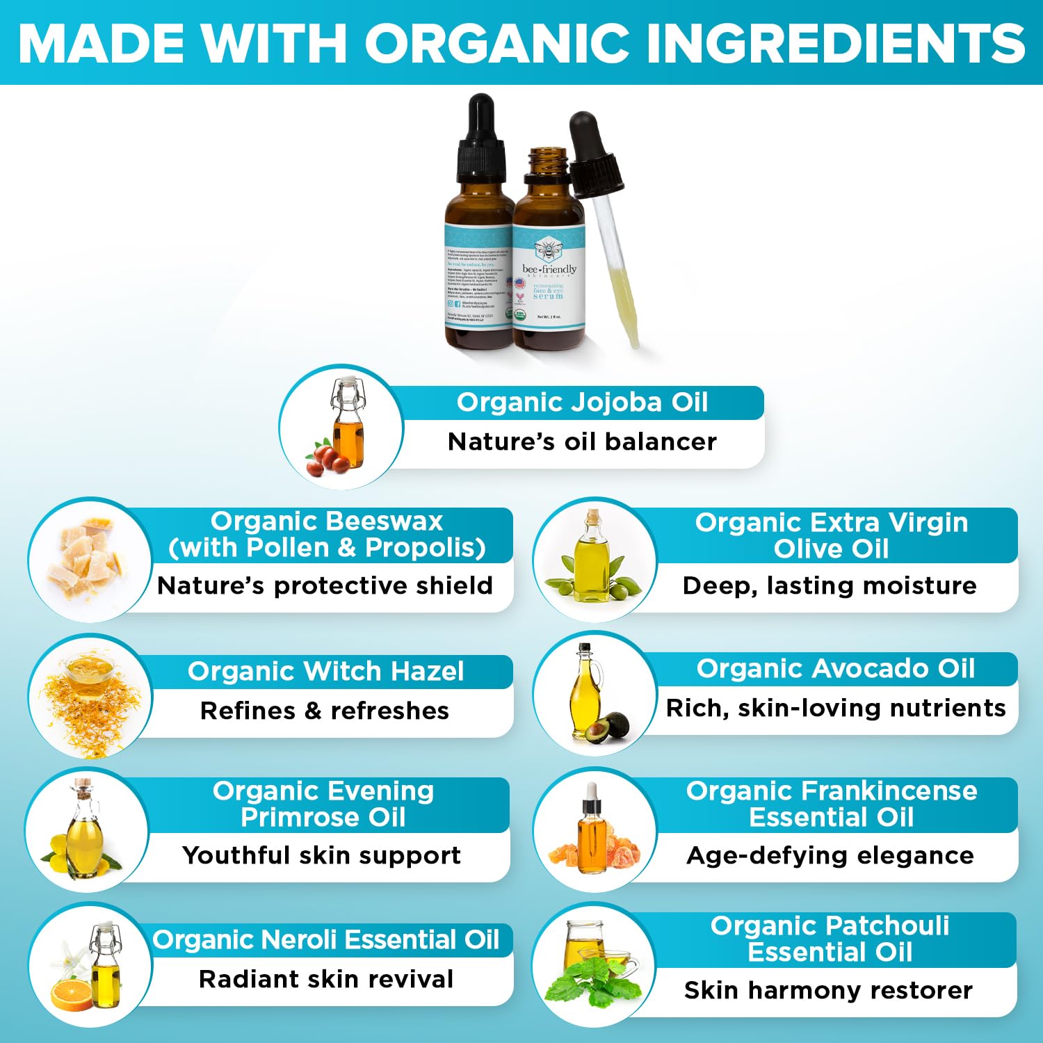 Organic Face & Eye Serum By BeeFriendly, Deep Hydration, Nourishes, Tightens, and Firms Facial Skin, and Lifts Facial Skin USDA Certified & All Natural Serum for Face, Women or Men, 1 oz - Image 2