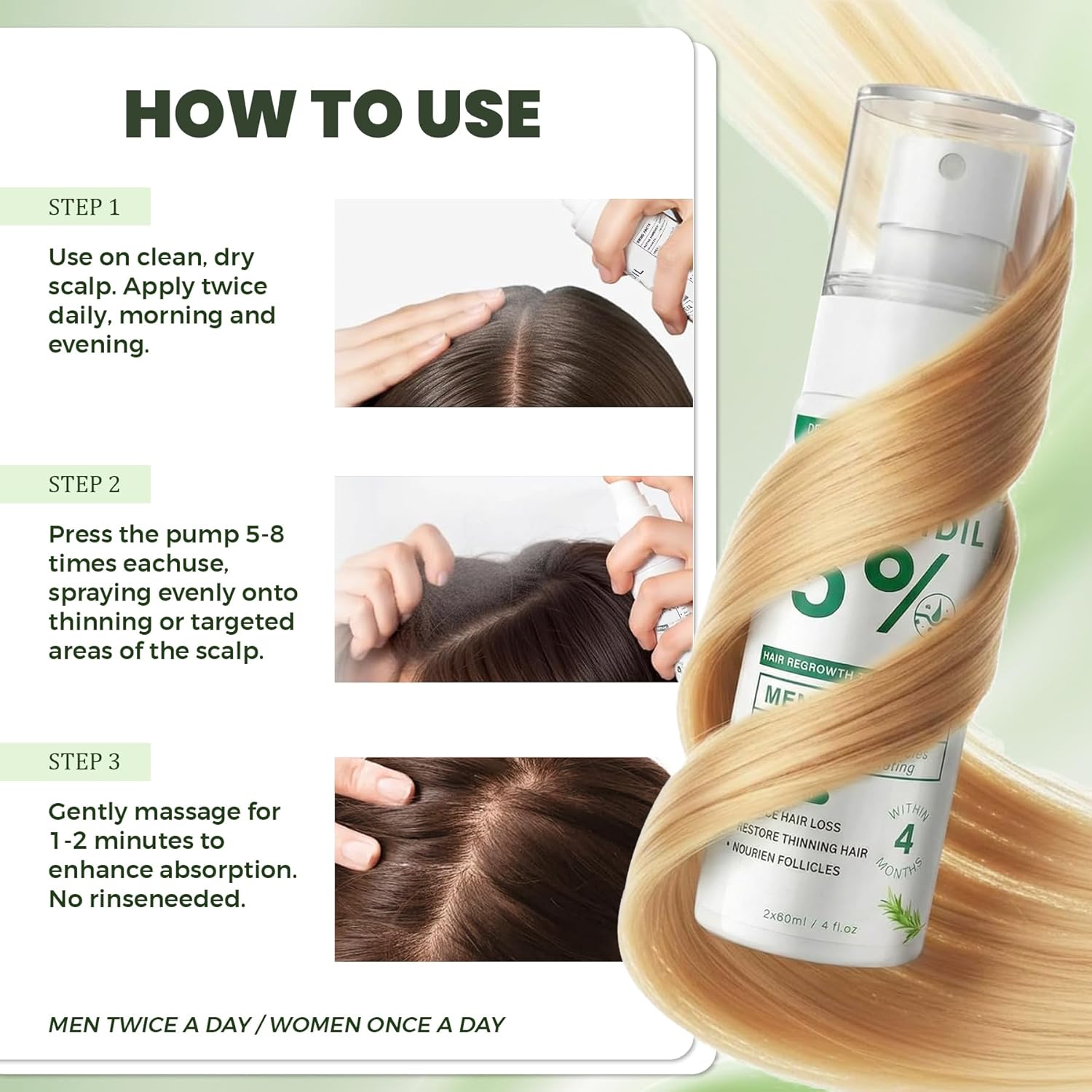 5% Minoxidil Hair Regrowth Spray for Men and Women with Rosemary Scent – 2 x 60ml Value Pack for 4+ Months – Lightweight Non Greasy Mist for Thinning Hair Receding Hairline Crown Support (Rosemary) - Image 5