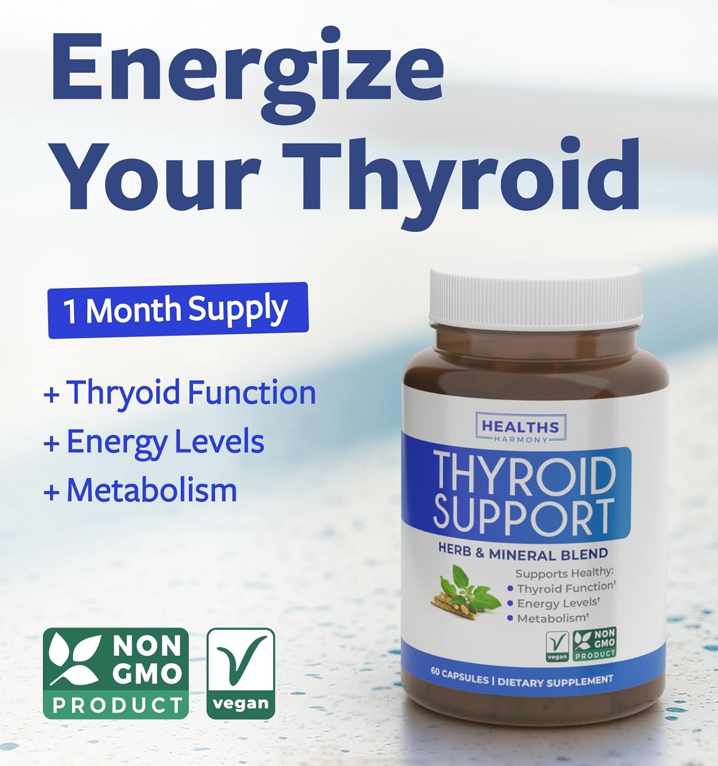 Thyroid Support with Iodine (Non-GMO) Improve Your Energy & Mood - Metabolism Booster Thyroid Health Supplement for Women and for Men - Ashwagandha, Zinc, B12 Complex - 60 Capsules - Image 2
