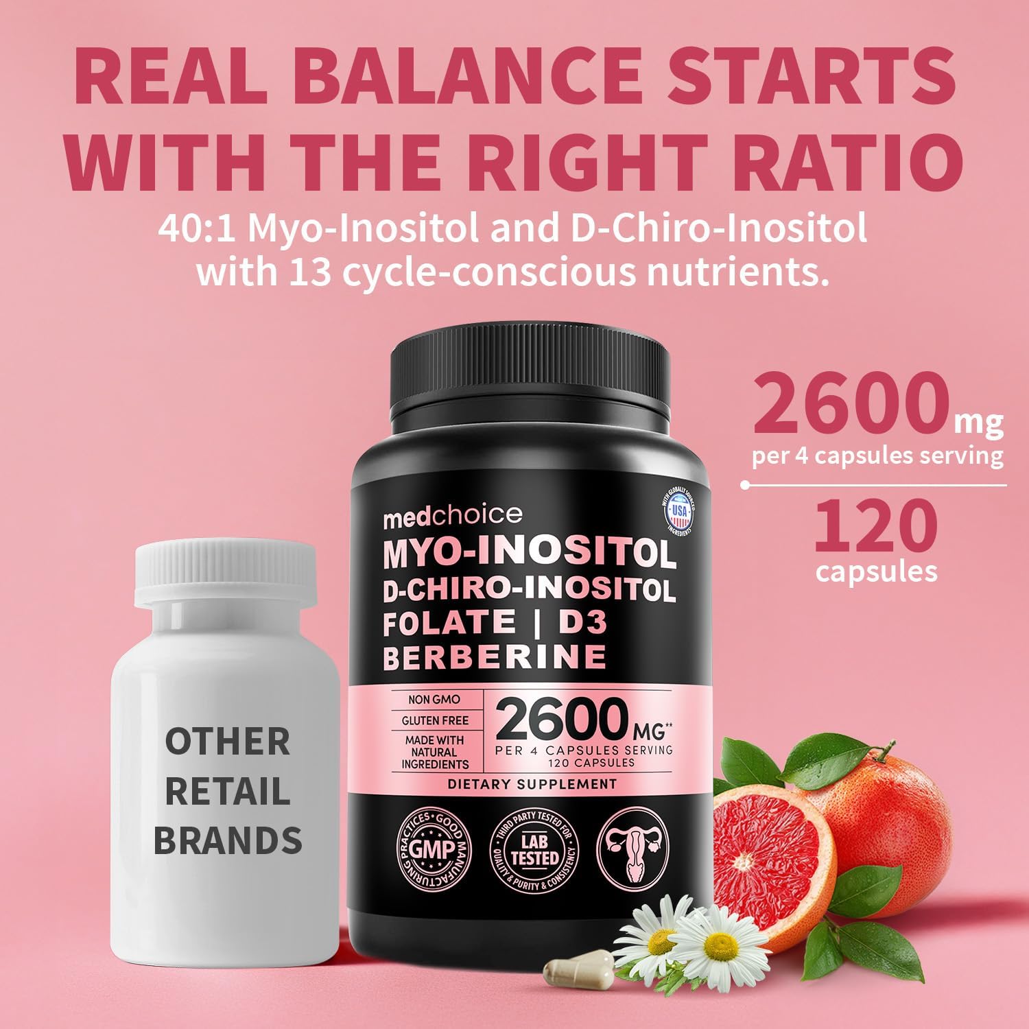 14-in-1 Women’s Inositol Complex Supplement – 40:1 Myo & D-Chiro Inositol with Folate, Vitamin D3, Zinc, Magnesium & Botanicals for Hormone & Feminine Wellness Support – (120 Capsules) (Pack of 1) - Image 2