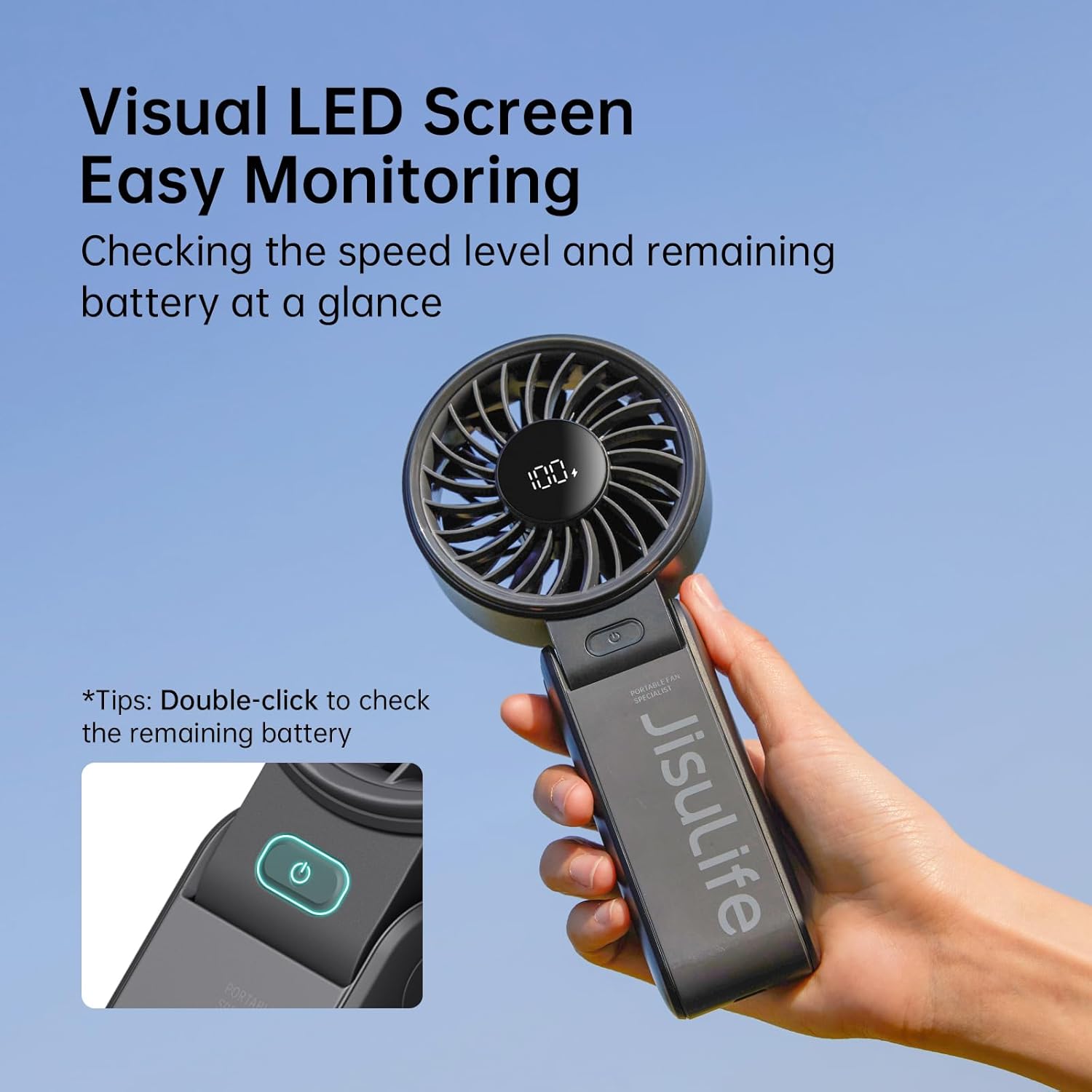 JISULIFE Handheld Fan Life7 – Ultimate Flexibility: Wide & Strong Airflow, 19.5H Max Cooling, 5000mAh Rechargeable, 5-Speed, LED Display, 3 IN 1 Portable Fan for Travel, Concerts, Sports Events(Black) - Image 6