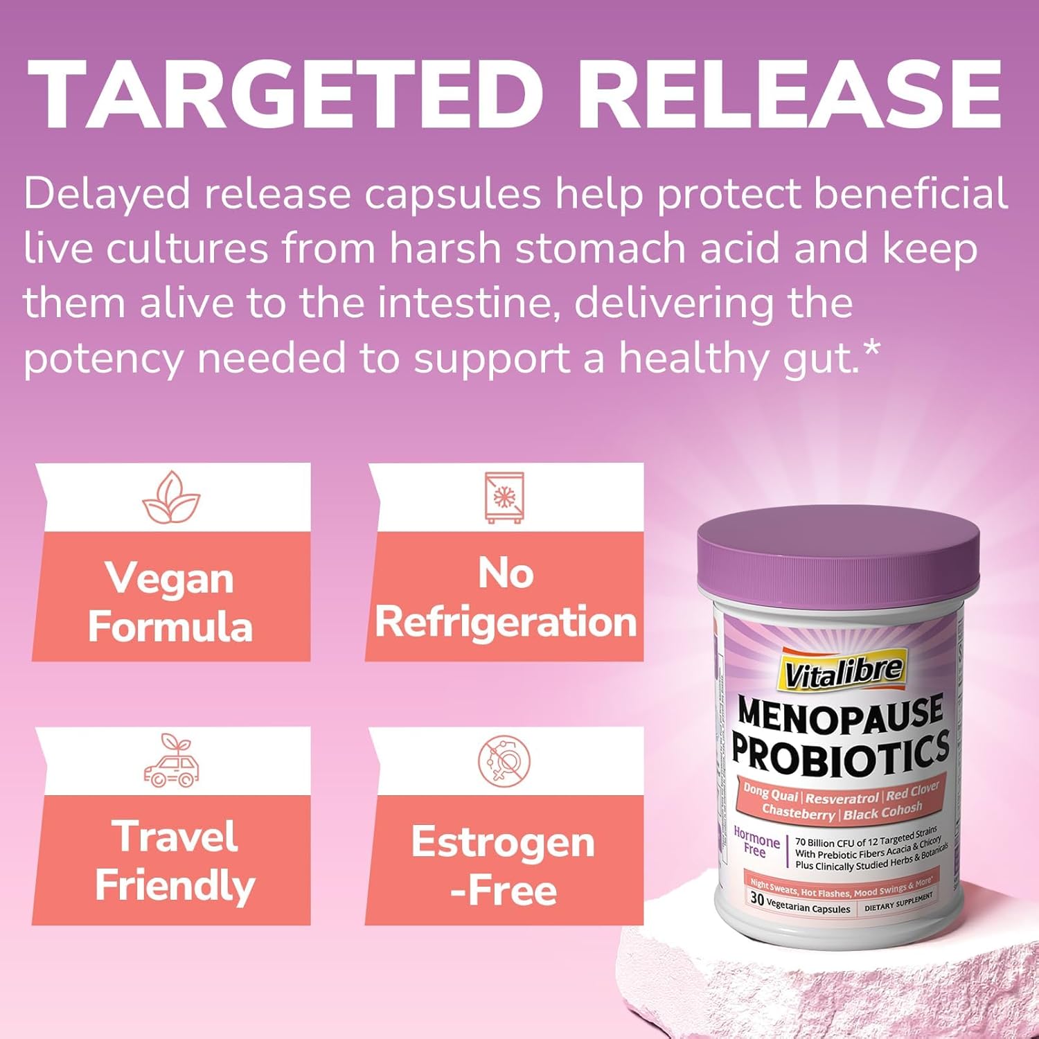 Vitalibre Menopause Probiotics – 70 Billion CFU with Prebiotics & Herbal Support for Hormone Balance & Gut Health (30 Capsules) - Image 5