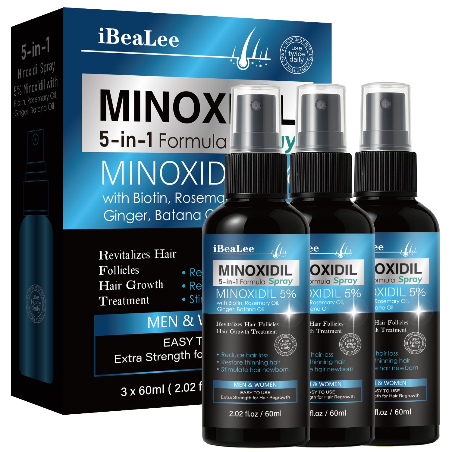 5% Minoxidil for Men and Women Hair Growth, Hair Loss Treatments Serum with Biotin Batana and Rosemary, Minoxidil Hair Growth Spray for Stronger Thicker Fuller Hair Beard Regrowth, 3 Bottles