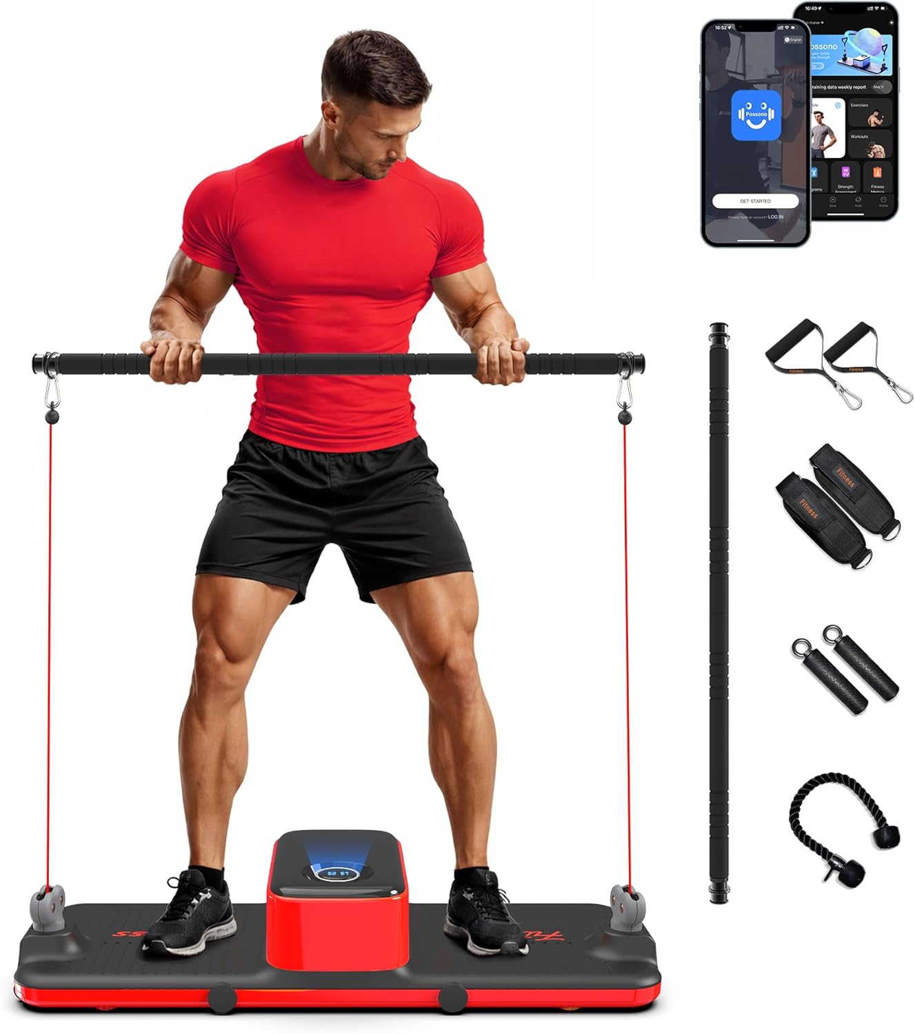 Smart Portable Home Gym Workout Strength Training Cable Machine, All in one Gym,Functional Full Body Fitness Equipment, 220LBS Resistance,Compact for Small Space, Travel & Home Exercise Red Black