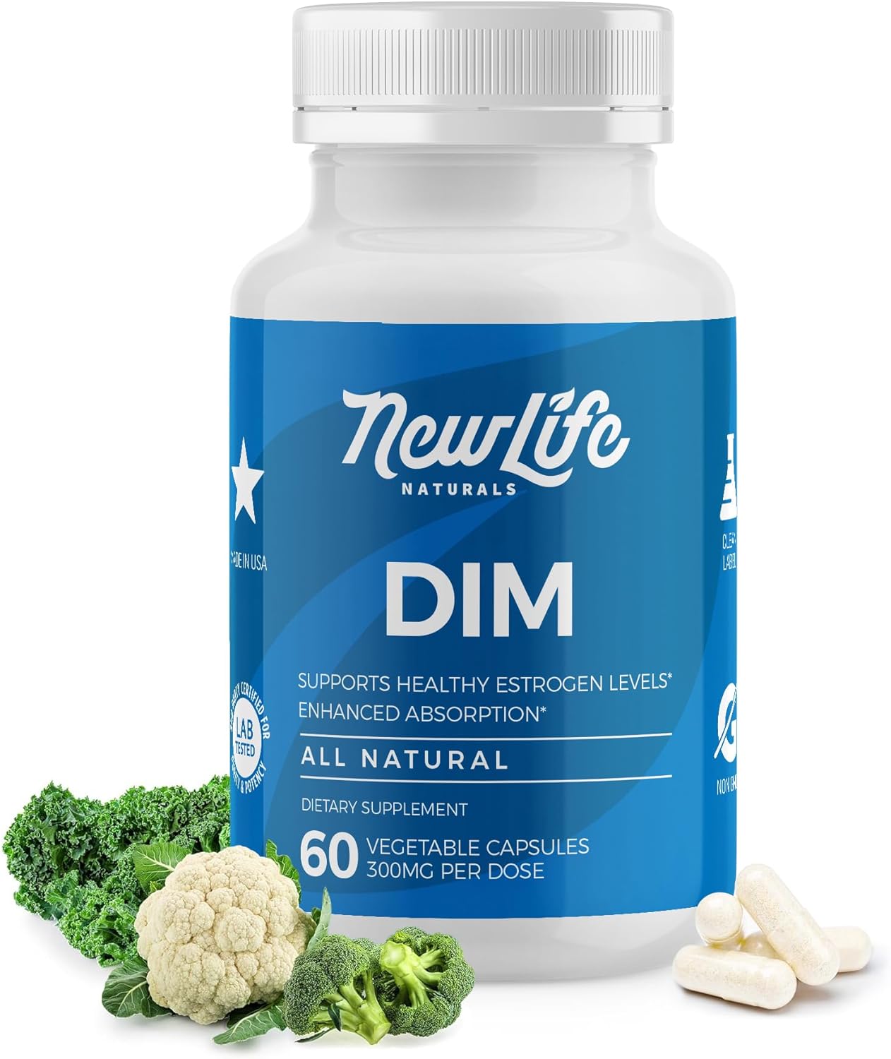 NewLife Naturals DIM Supplement 300mg for Women & Men - Hormonal Acne, Estrogen Balance Pills, Post Menopause Relief | Healthy Estrogen Level | Hormonal Balance - Bioperine | PCOS - 60 Day Supply
