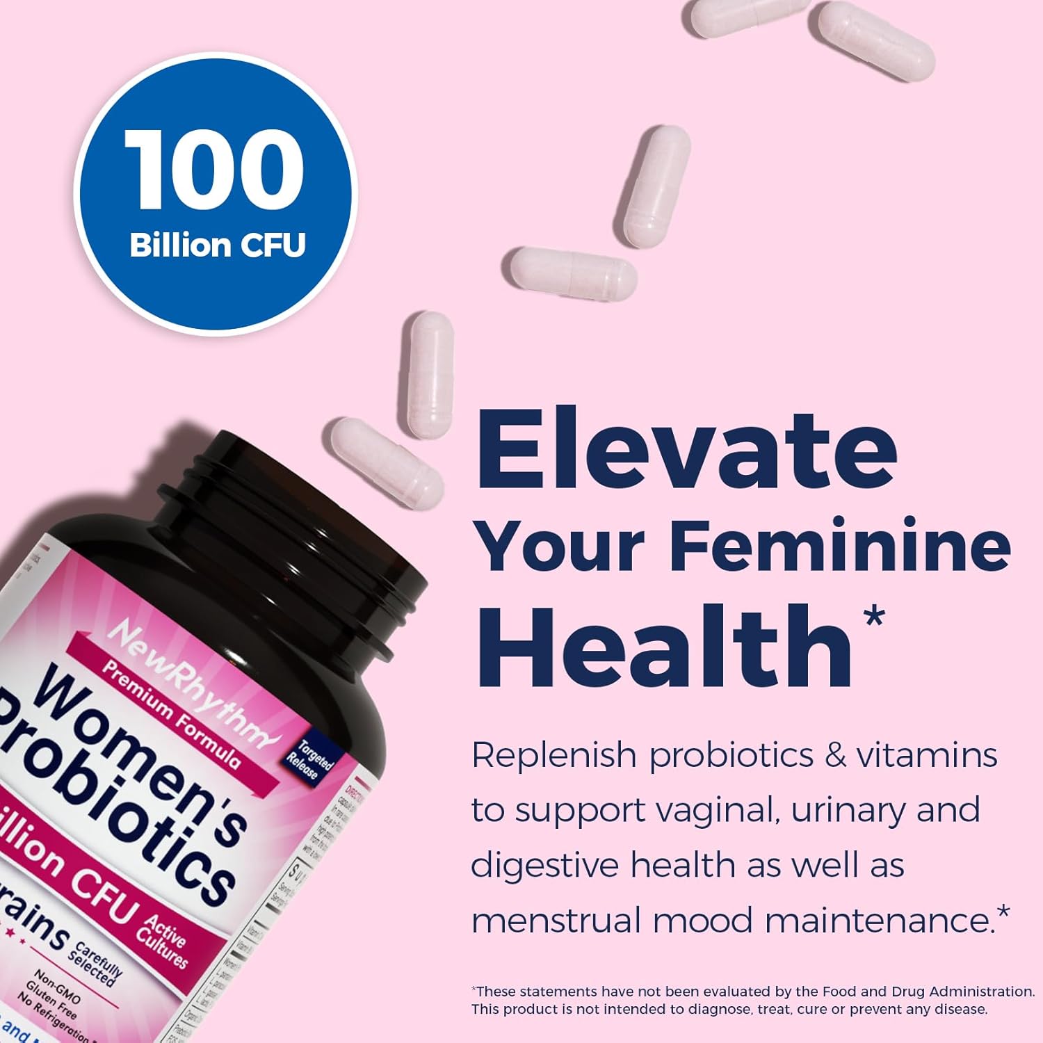NewRhythm Probiotics for Women, P-5-P, Vitamin C & Organic Cranberry, 100 Billion CFU 18 Strains, Prebiotics & Vaginal Probiotics for Digestive Health & PH Balance, 60 Capsules, No Dairy - Image 2