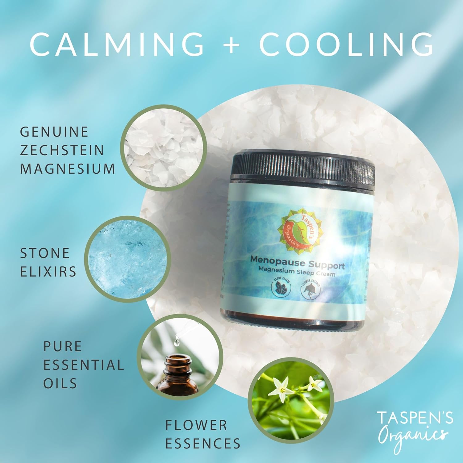Taspen's Organics Menopause Support Magnesium Sleep Cream – Natural Cooling Relief for Hot Flashes & Night Sweats | Promotes Relaxation & Sleep | Flower Essence & Botanical Formula (1.7 oz) - Image 5
