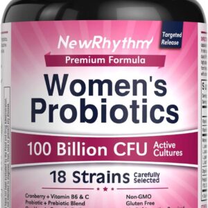 NewRhythm Probiotics for Women, P-5-P, Vitamin C & Organic Cranberry, 100 Billion CFU 18 Strains, Prebiotics & Vaginal Probiotics for Digestive Health & PH Balance, 60 Capsules, No Dairy