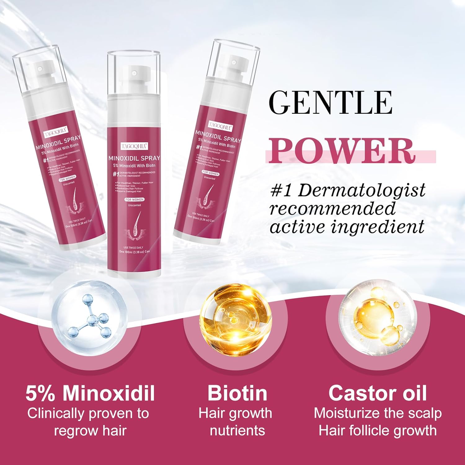 5% Minoxidil for Women Hair Regrowth Spray, hers hair regrowth treatment Infused with Biotin, Extra Strength Treatment to Combat Hair Loss and Thinning, 3 Bottles - Image 2