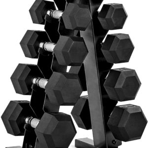 CAP Barbell Rubber Coated Hex Dumbbell Set with Storage Rack | 100–210 lb Options, Space-Saving Vertical Compact Storage for Home Gym Strength Training