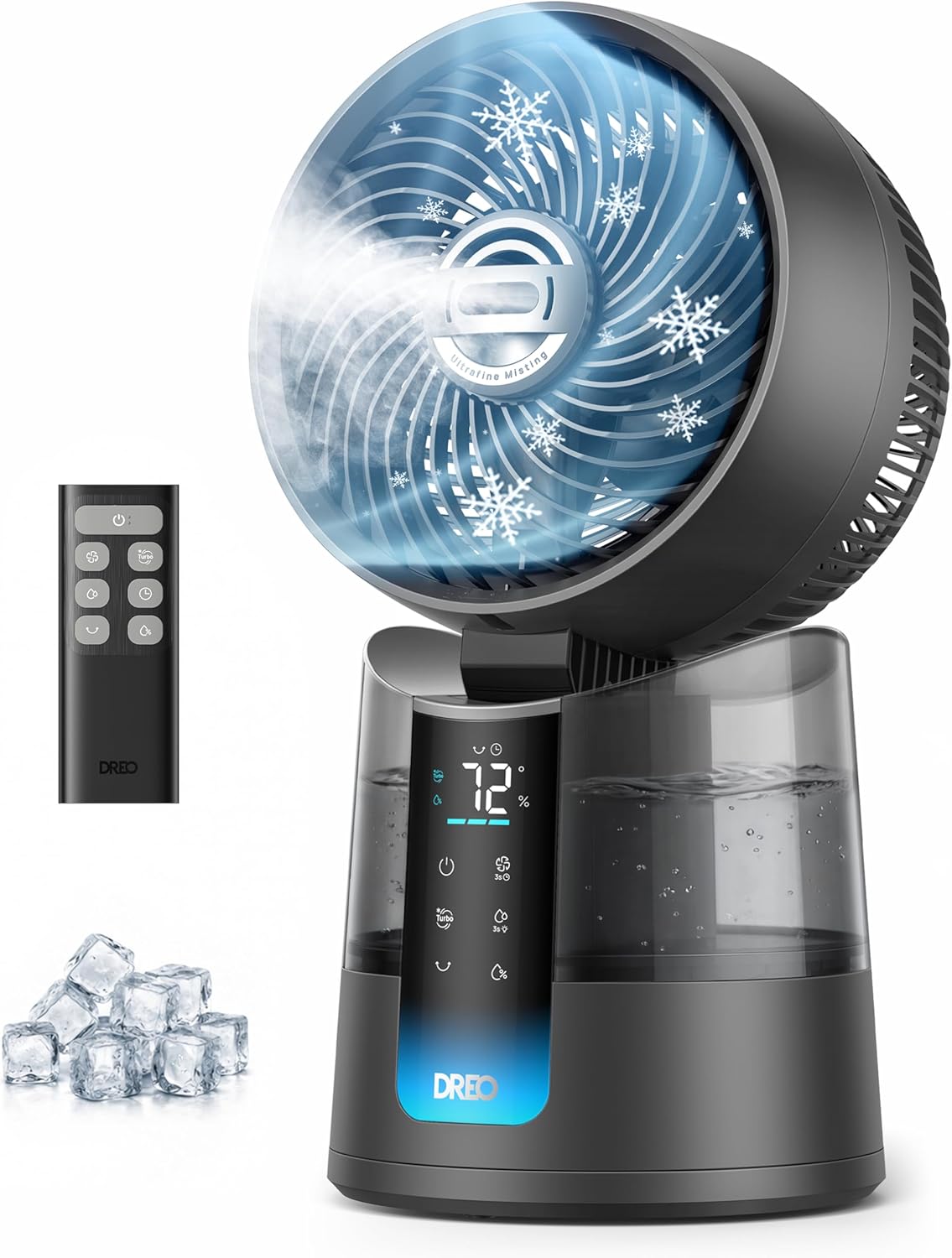 DREO TurboCool Misting Fan 516, 5℉ Drop Cooling Fans that Blow Cold Air, 150°+30° Omni-directional Oscillating, Evaporative air cooler, 26 ft/s Wind, Ultrafine Mist, 20dB Quiet, 6 Speeds 2 Modes, Grey