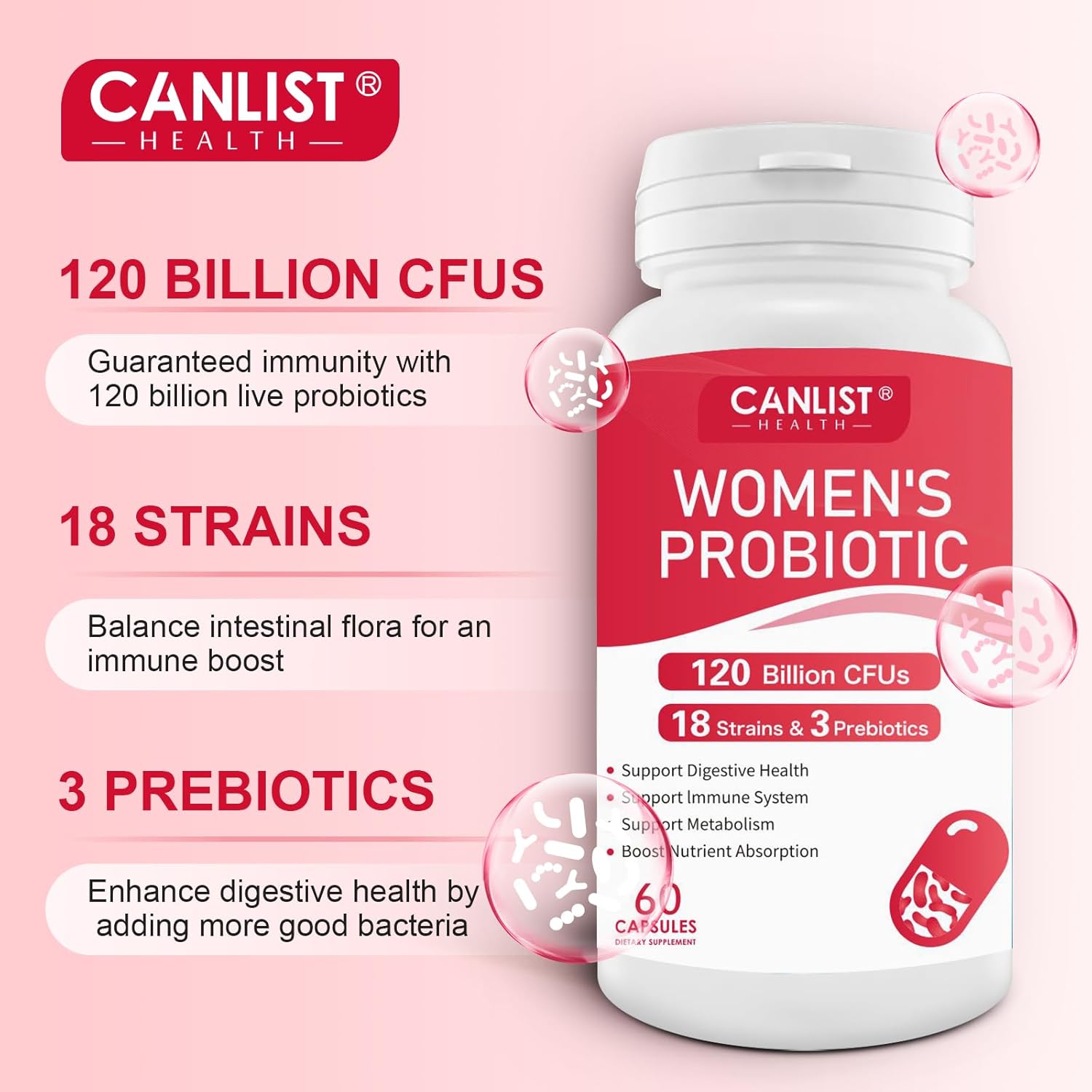 CANLIST Women's Probiotics 120 Billion CFUs 18 Strains 3 Prebiotics & Digestive Enzymes Contains Organic Prebiotic Cranberry Women's Health Digestive & Immune Support Non-GMO, 60 Capsules - Image 3