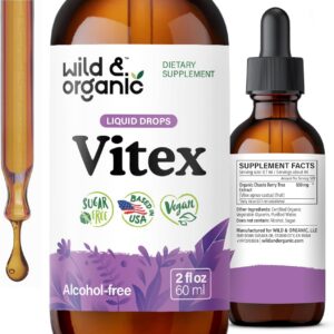 Wild & Organic Vitex Tincture for Perimenopause & Mood Support - Vitex Chasteberry Supplement for Women - Liquid Chaste Tree Supplement - Vegan, Sugar & Alcohol-Free Berry Extract Drops - 2 fl oz