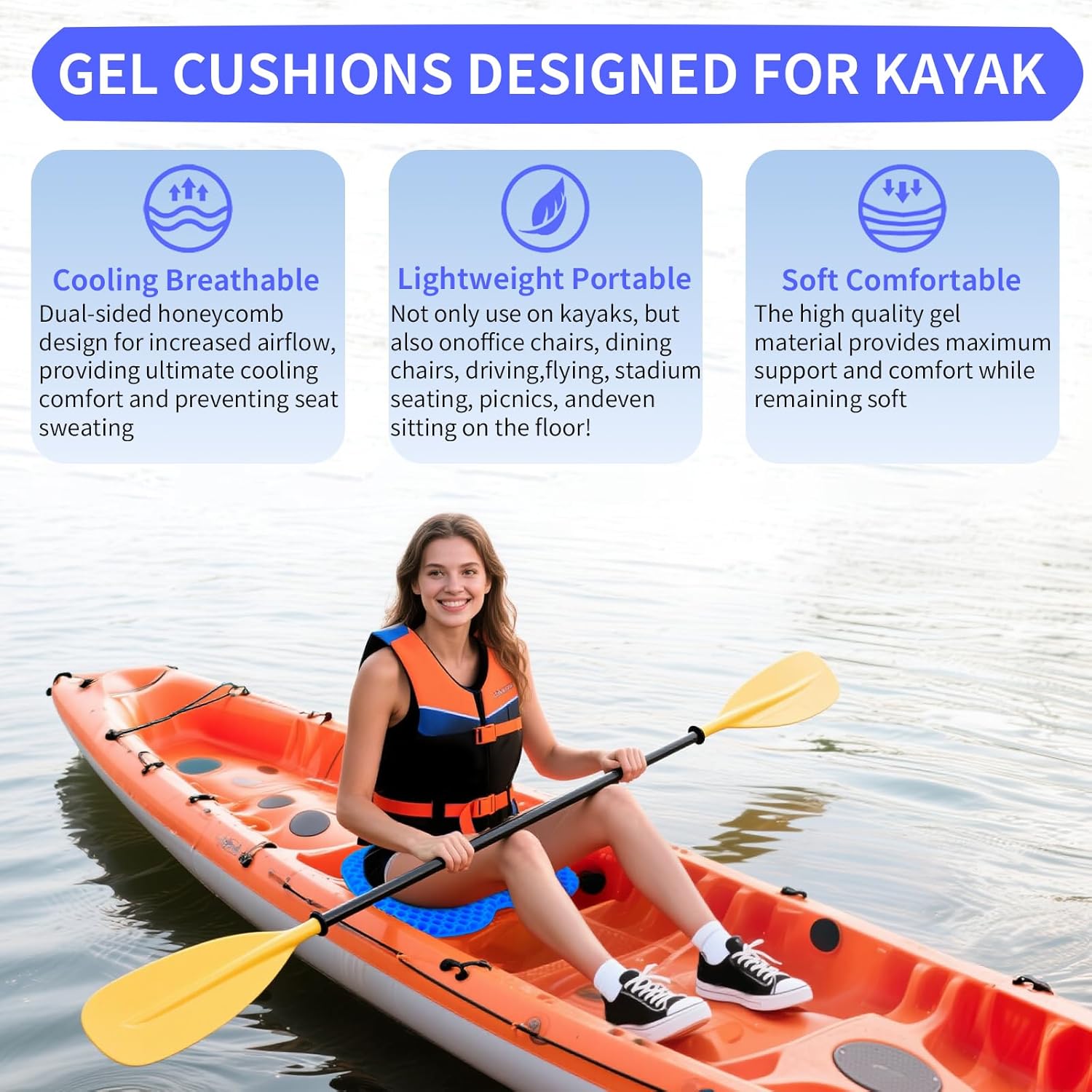 Kayak Seat Cushion - Blue Cooling Gel Kayak Accessory Removable Waterproof Cover | Comfort for Kayak Seats, Fishing, Car seat,Office Chair & Outdoor Use - Image 2