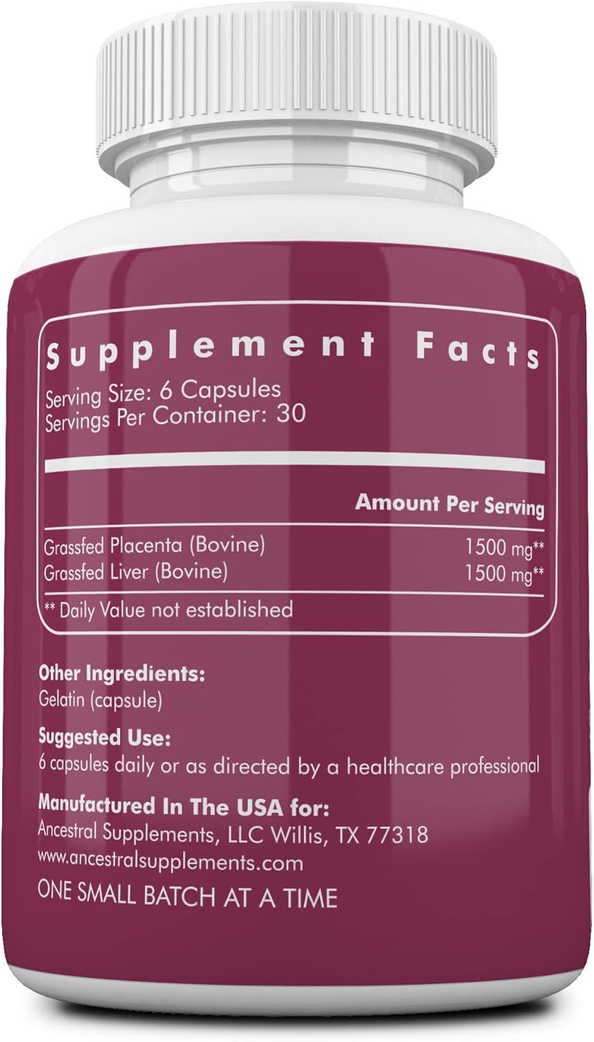 Ancestral Supplements Grass Fed Placenta Supplement with Liver, Contains Postpartum Vitamins for Women Breastfeeding, Promotes Menopause Relief, Stem Cells Support Skin Elasticity, 180 Capsules - Image 2
