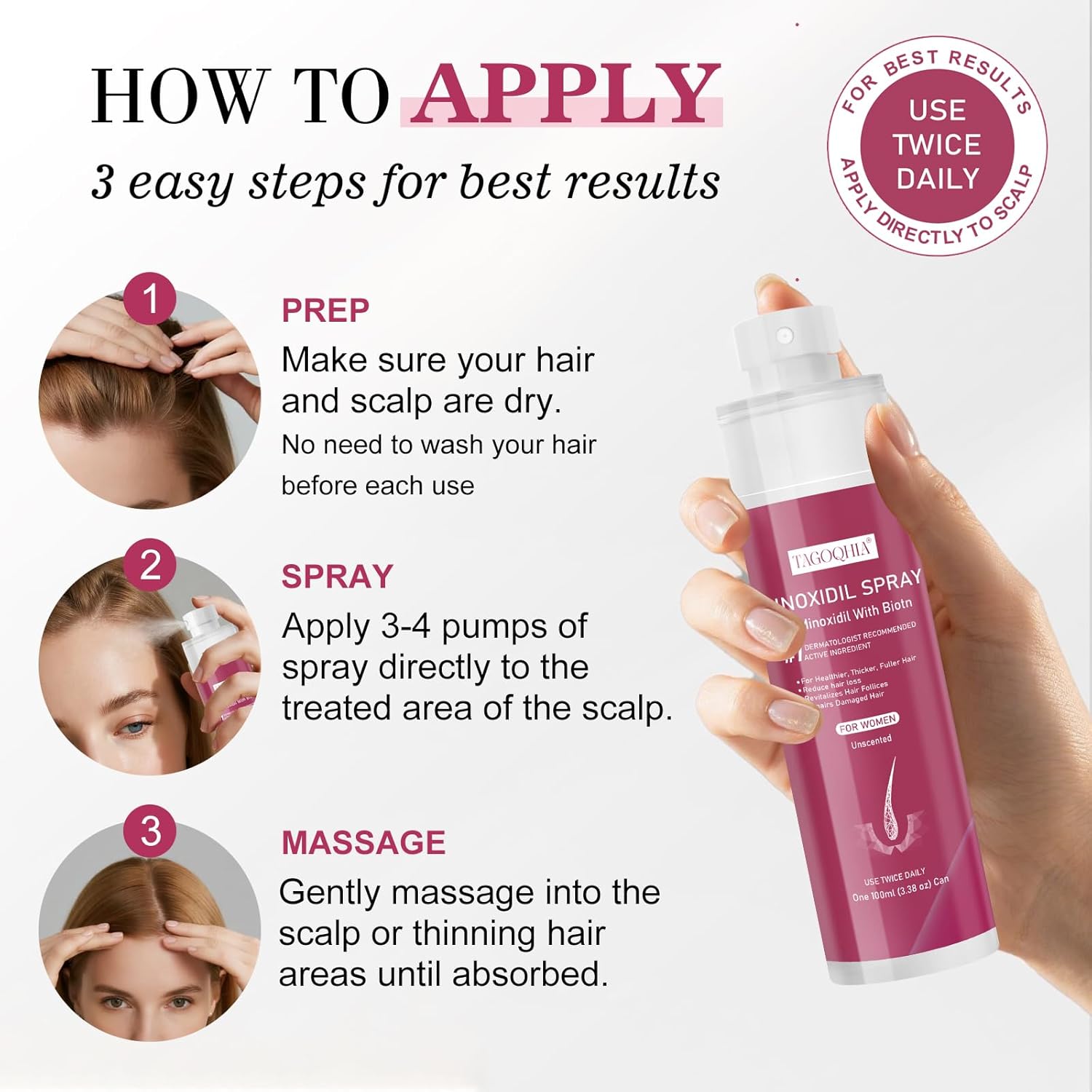5% Minoxidil for Women Hair Regrowth Spray, hers hair regrowth treatment Infused with Biotin, Extra Strength Treatment to Combat Hair Loss and Thinning, 3 Bottles - Image 5