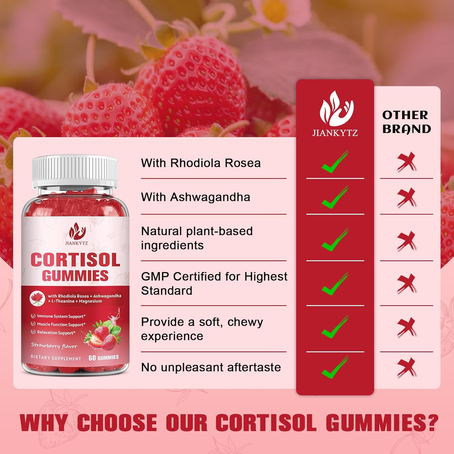 Cortisol Gummies for Women with Ashwagandha, Rhodiola Rosea, L-Theanine, Magnesium, Vitamin D3 for Zzz Support, Balanced Cortisol, Vegan, 60 Gummies - Image 3