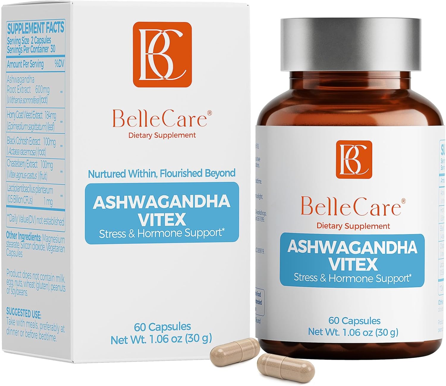 BELLECARE Ashwagandha 600mg with Probiotic & Vitex | Cortisol Reducer, Hormone Balance for Women, Menopause Supplement for Stress, Hot Flashes, Night Sweats, Mood & Sleep Support,60 Count